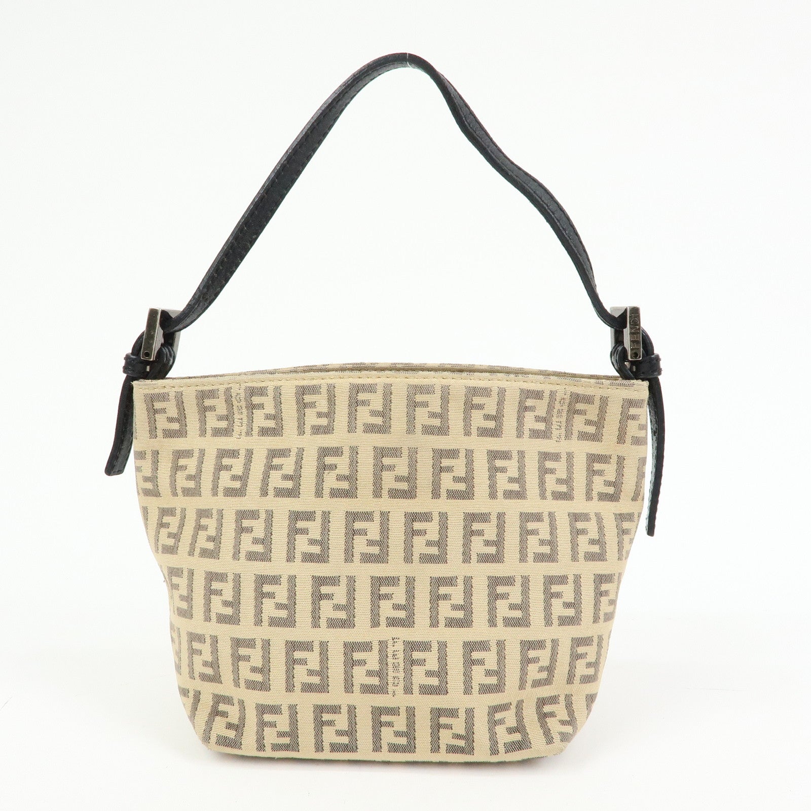 FENDI Zucchino Canvas Leather Mini Hand Bag Beige Black 8BK031