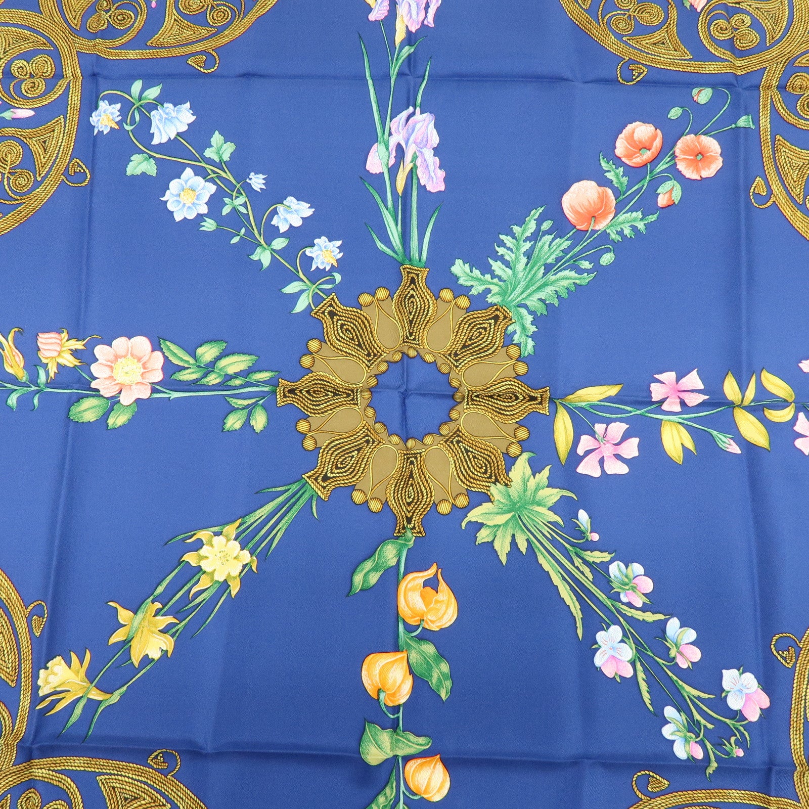 HERMES Carre 90 Silk 100% Scarf ARABESQUES Arabic Print Navy Red