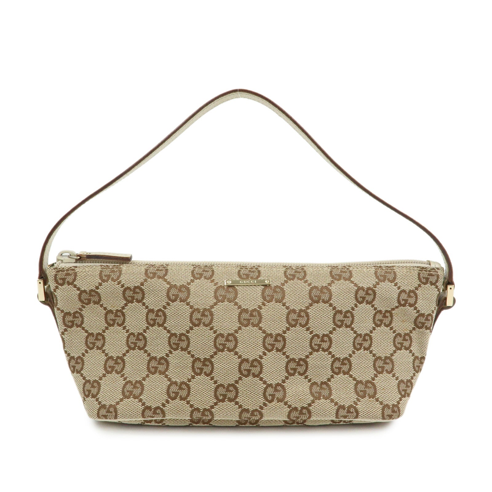 GUCCI Boat Bag GG Canvas Leather Hand Bag Pouch Brown Ivory 07198