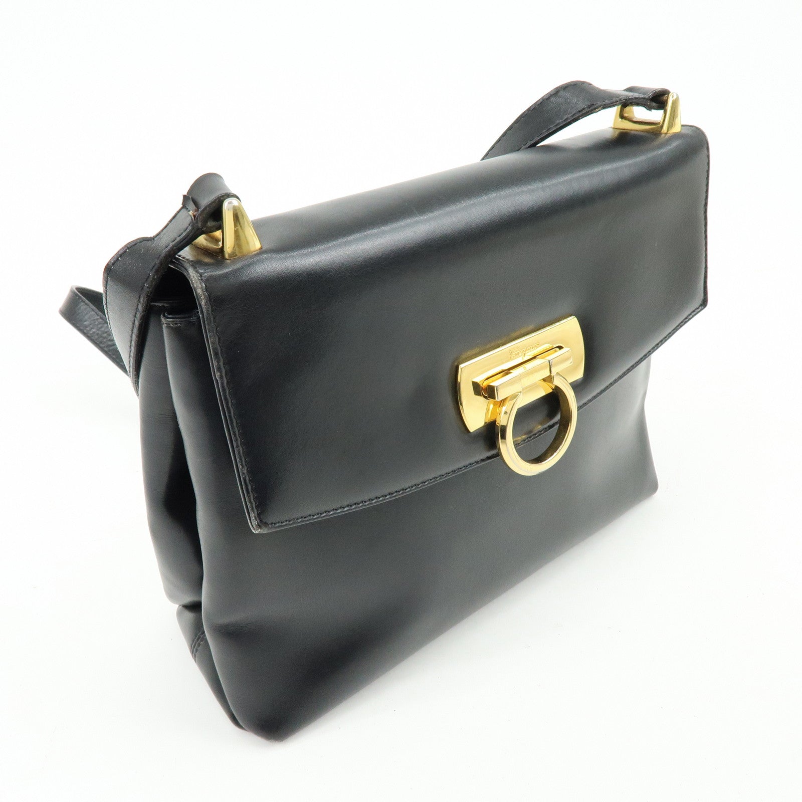 Ferragamo Gancini Leather Shoulder Bag Crossbody Bag Black