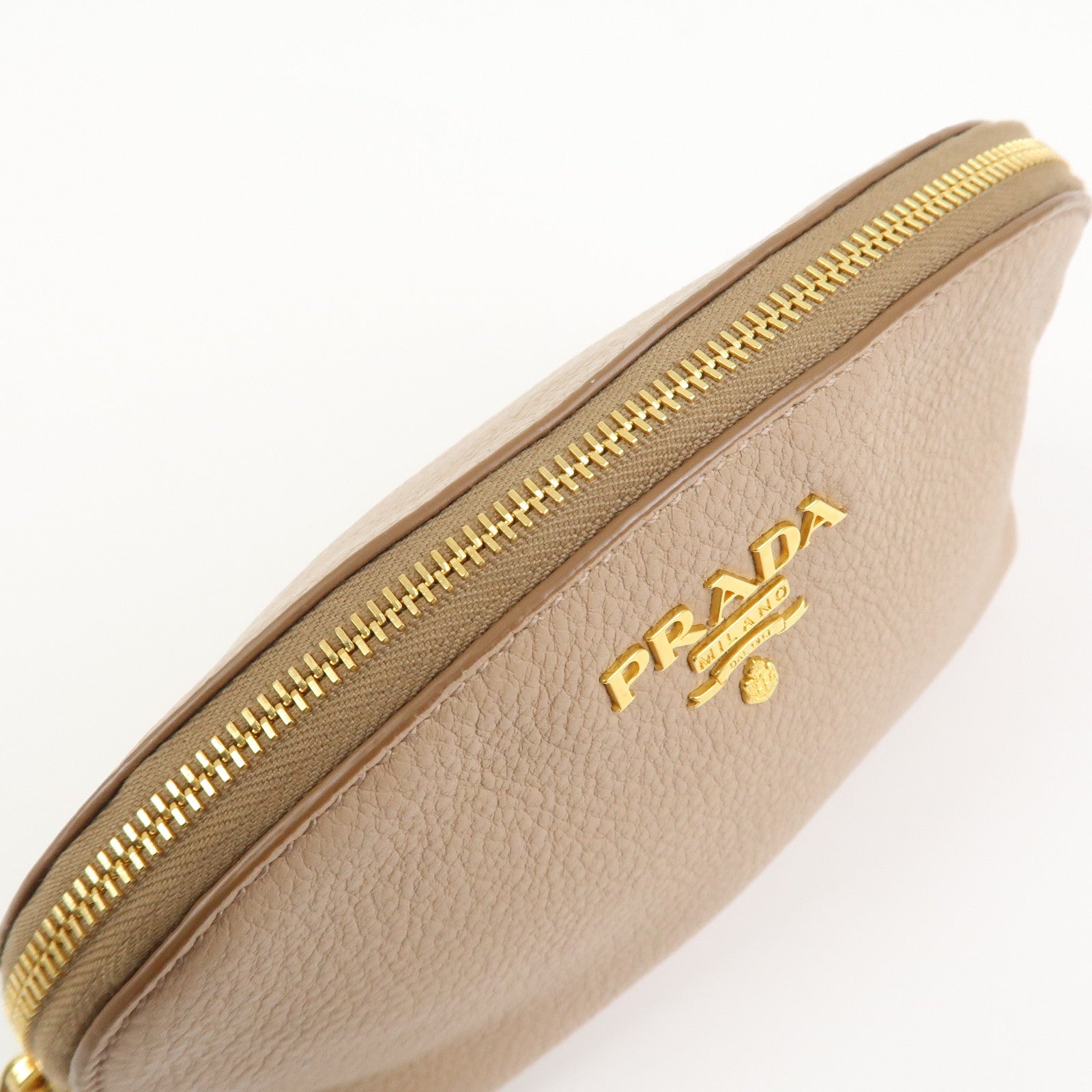 PRADA Logo Leather Cosmetic Pouch Clutch Beige 1ND005