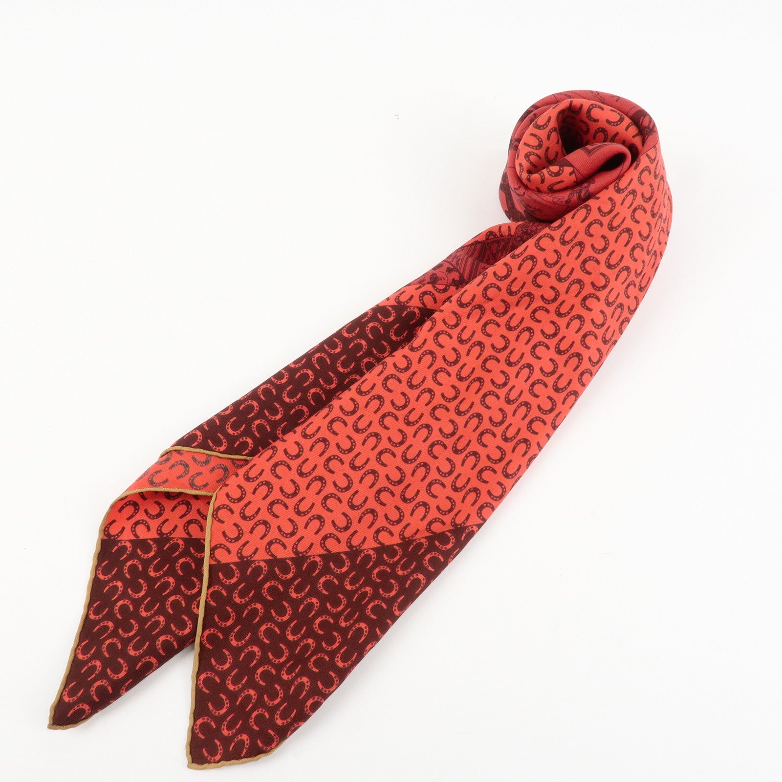 HERMES Carre 90 Silk 100% Scarf  Porte Bonheur Horse Pattern Red Used