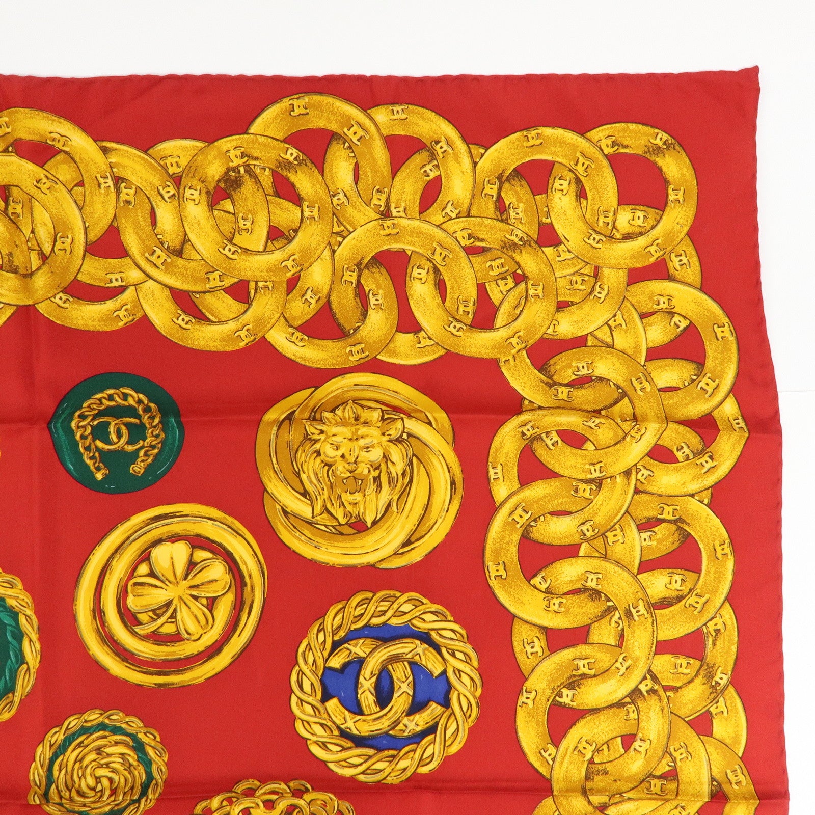 CHANEL COCO Mark Silk 100% Scarf Red Gold Multicolor