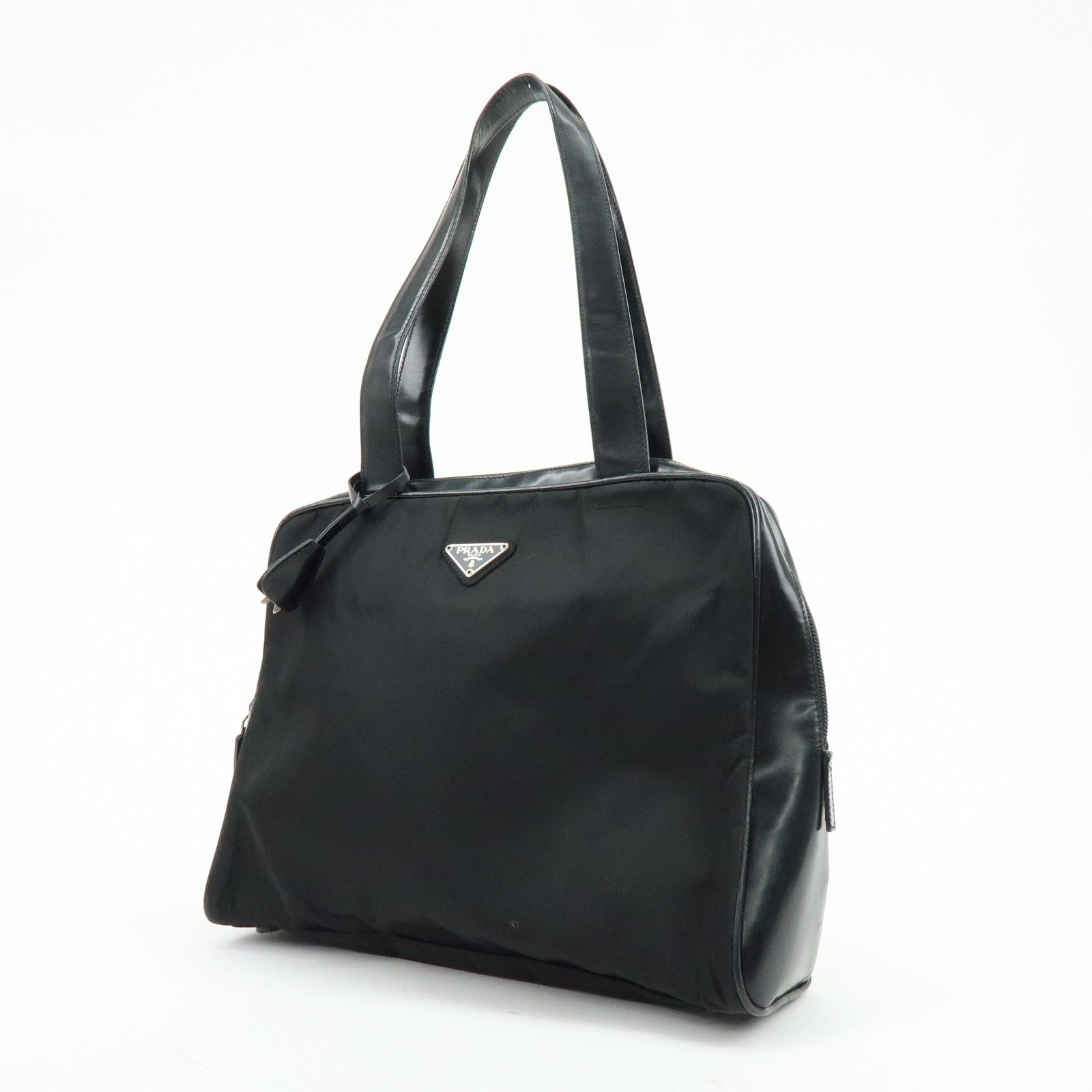 PRADA Triangle Logo Nylon Leather Shoulder Bag Tote Bag Black