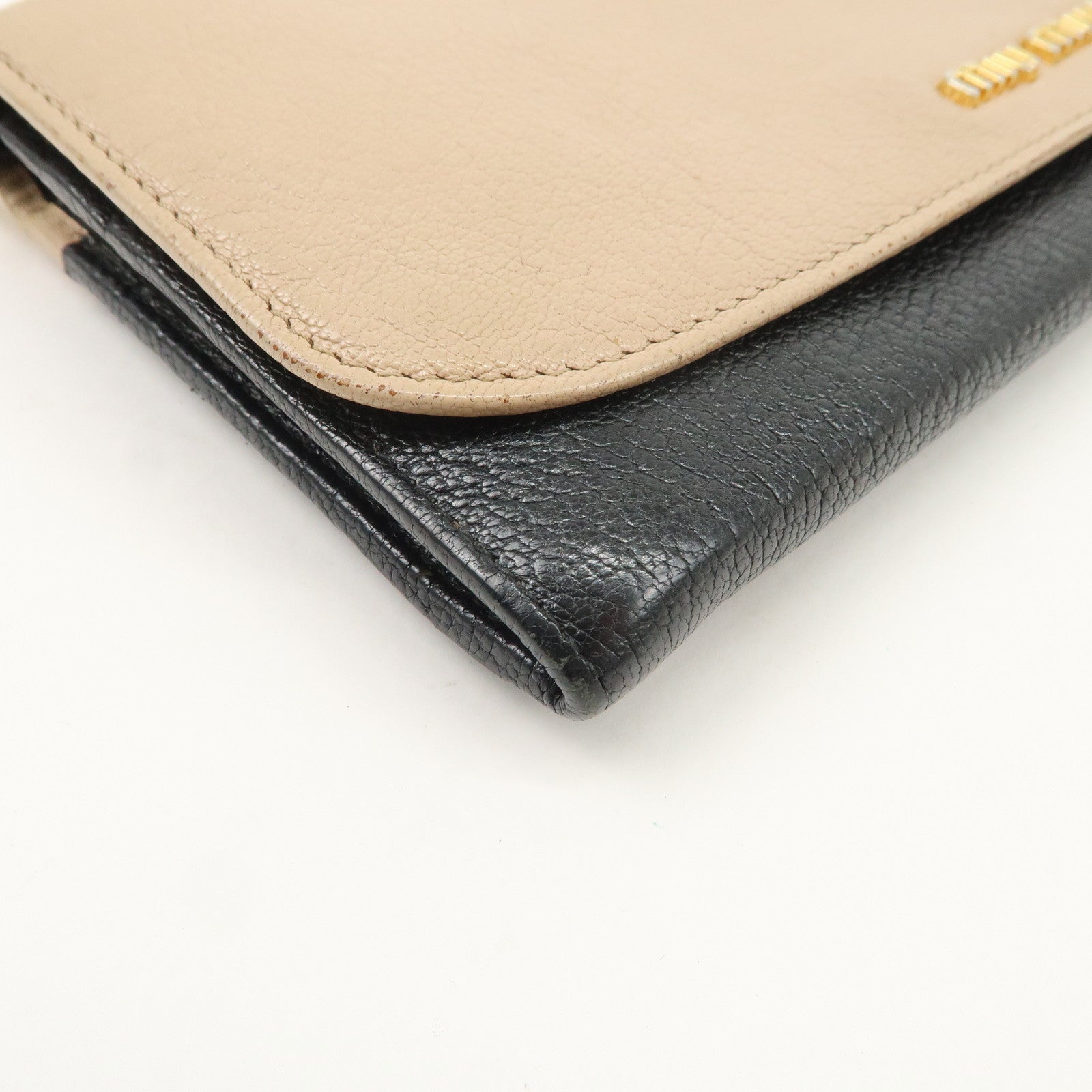 MIU MIU MADRAS Leather Chain Shoulder Wallet WOC Beige Black 5M1290