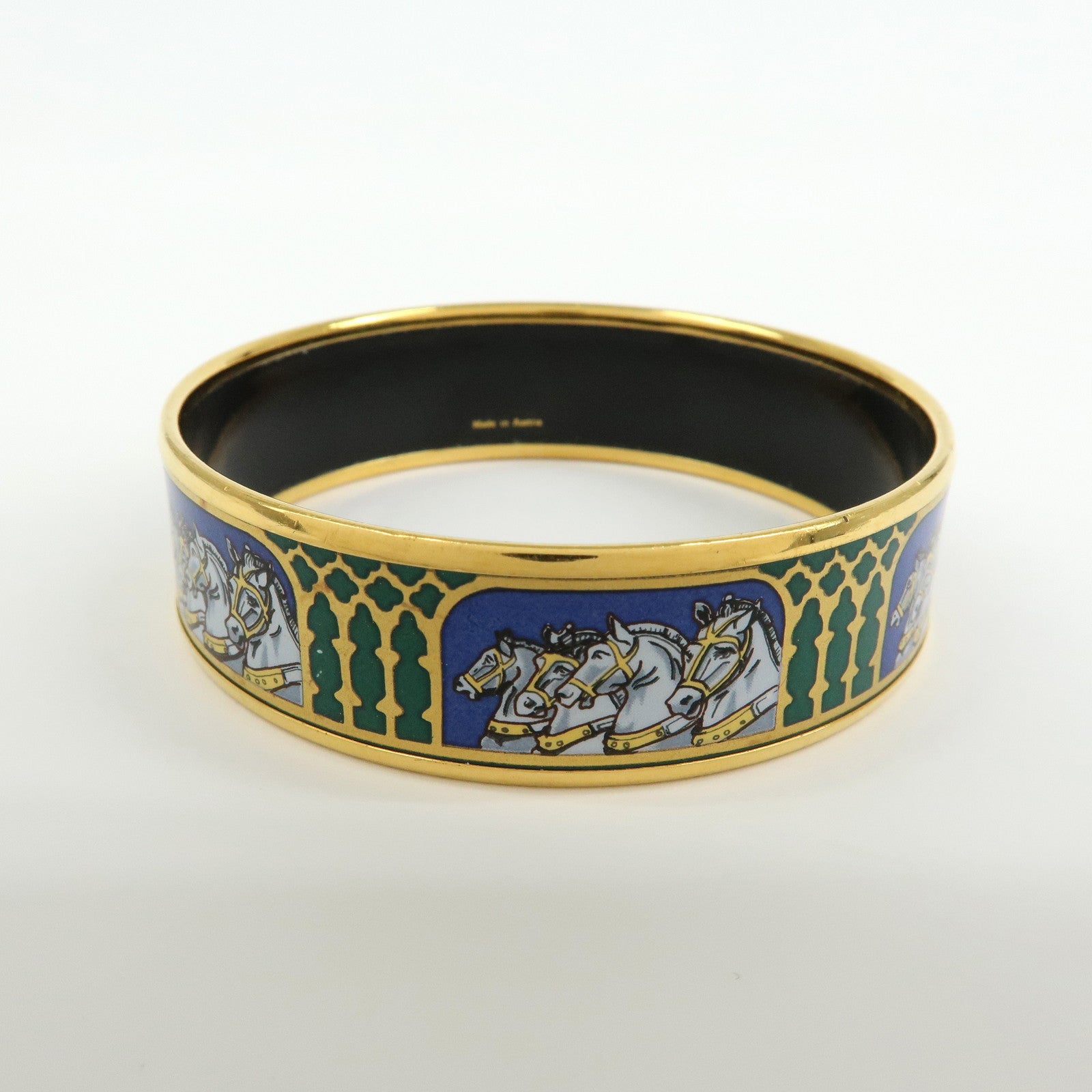 HERMES Email GM Gold Plated Bangle Bracelet Horse Blue Gold