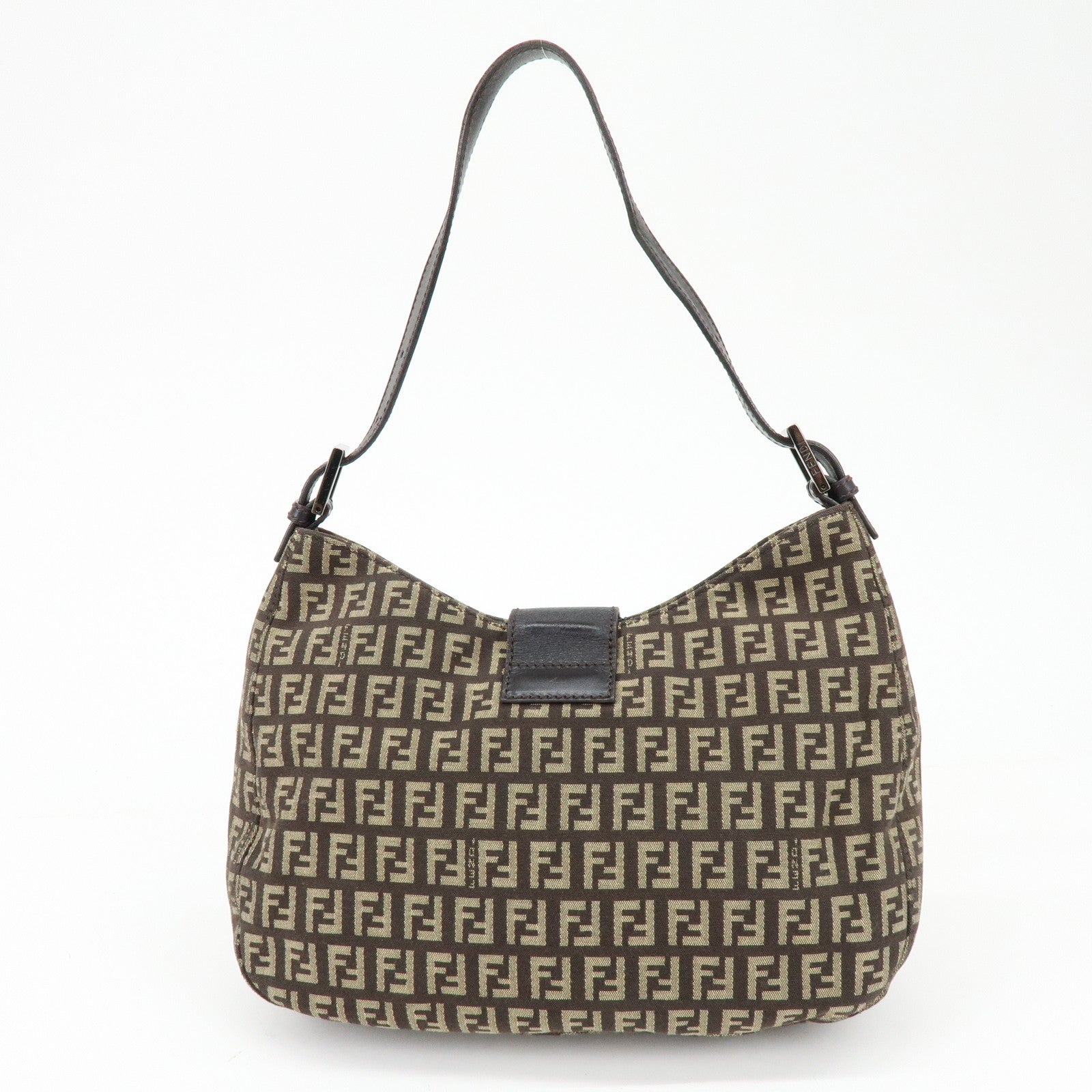 FENDI Zucchino Canvas Leather Shoulder Bag Brown 8BR036