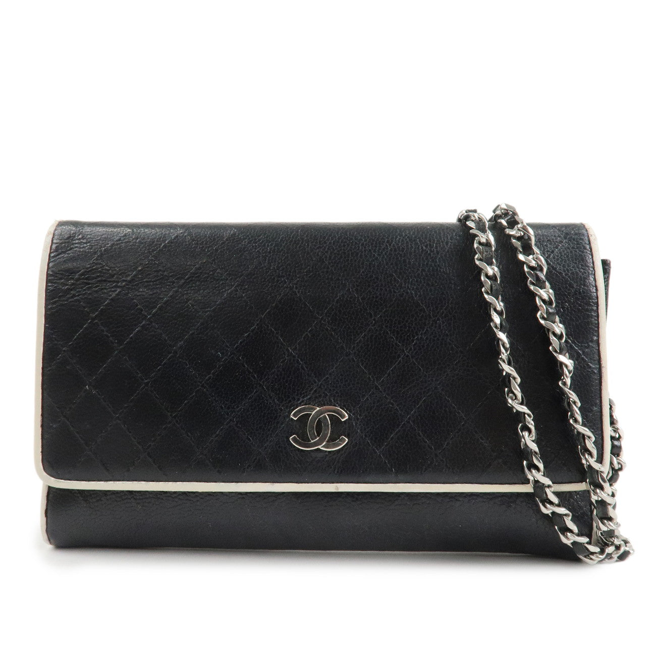 CHANEL Matelasse Leather Chain Long Wallet Dark Navy Bicolore Used