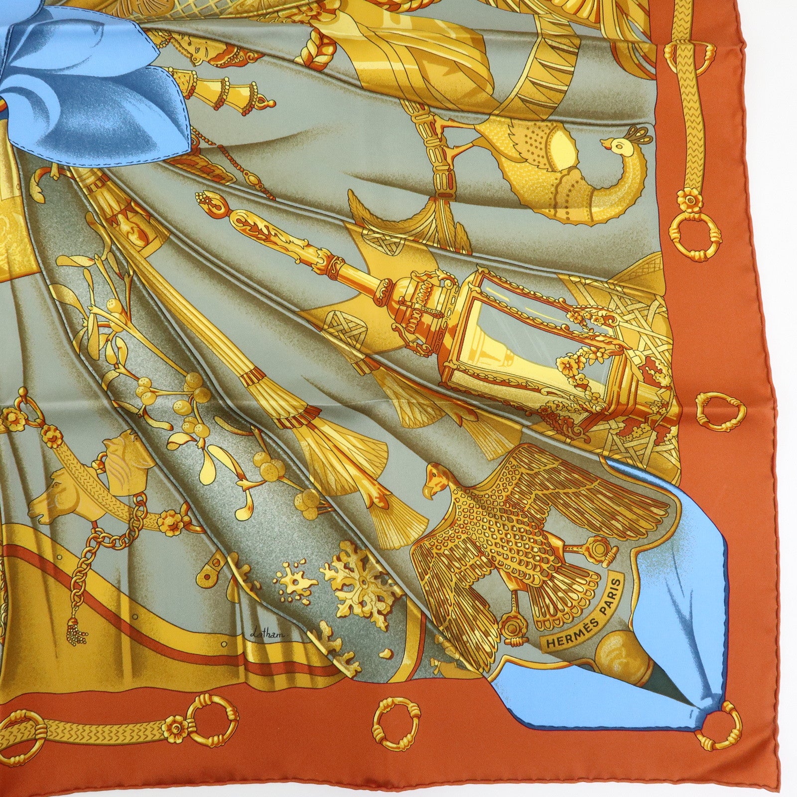 HERMES Carre 90 Silk 100% Soleil de Soie Scarf Gold Brown Blue