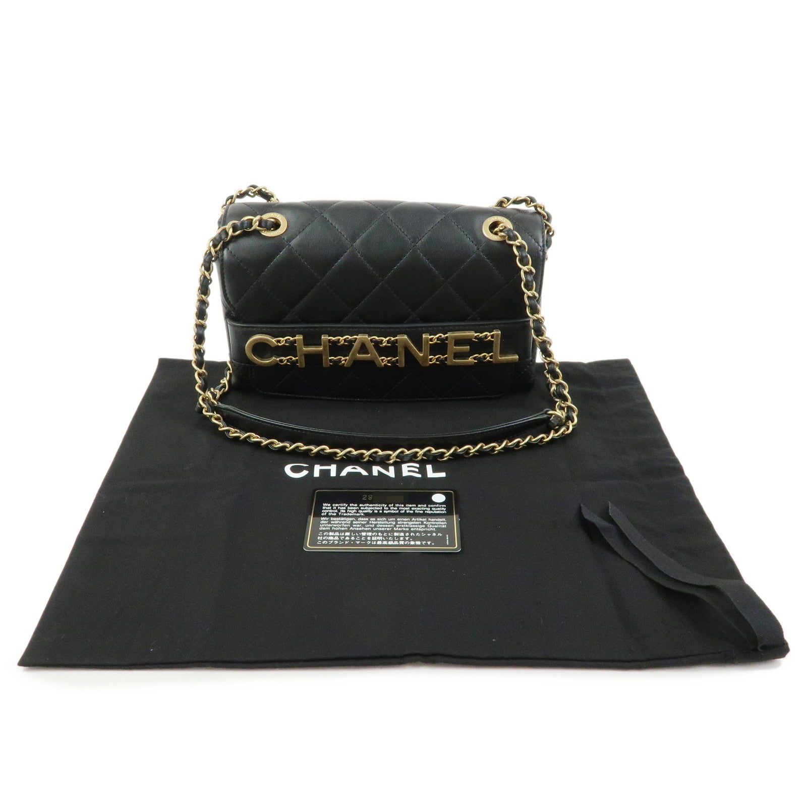 CHANEL Mini Matelasse Lamb Skin Logo Flap Chain Shoulder Bag Black