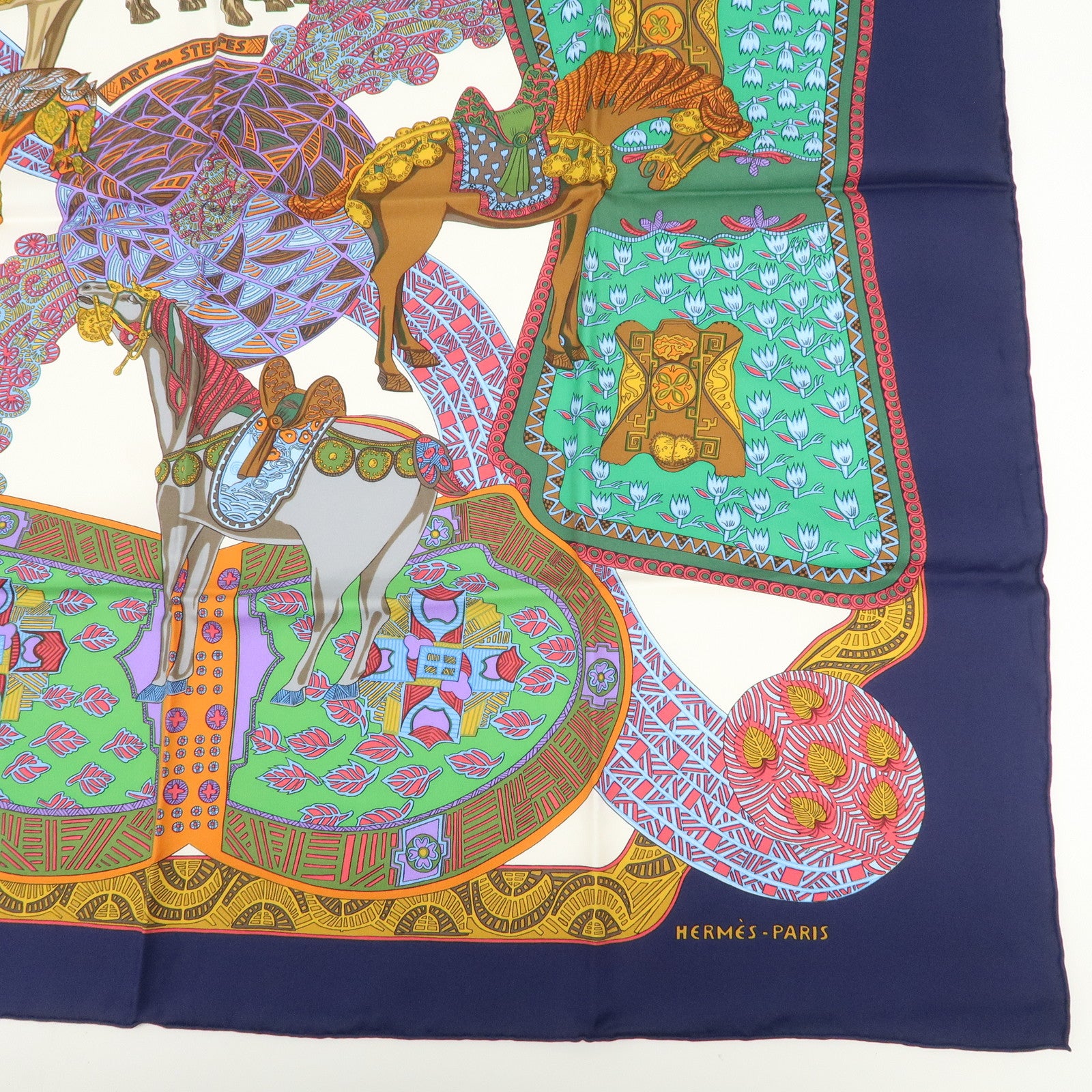 HERMES HERMES Carre 90 Silk 100% Scarf ART des STEPPES Navy