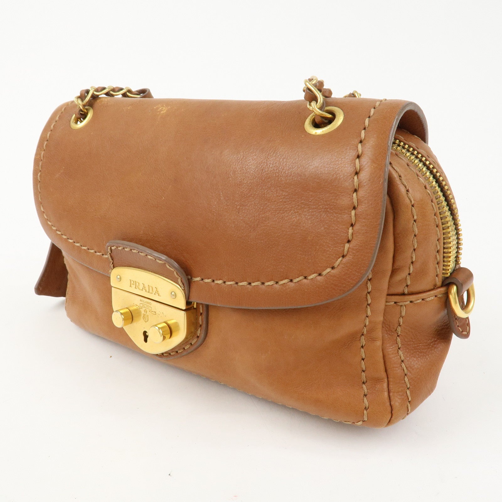 PRADA Logo Leather Chain Shoulder Bag Crossbody Bag Camel