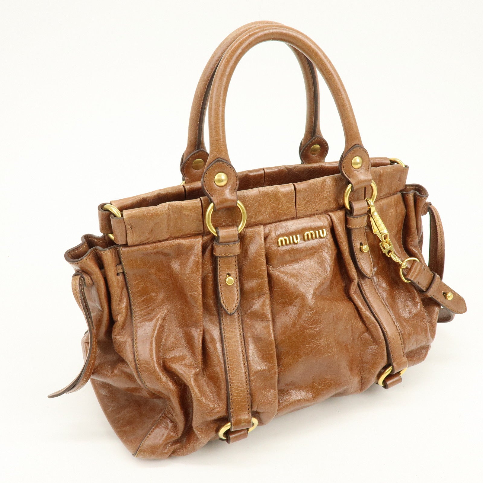 MIU MIU Leather 2Way Bag Hand Bag Shoulder Bag Brown RT0383