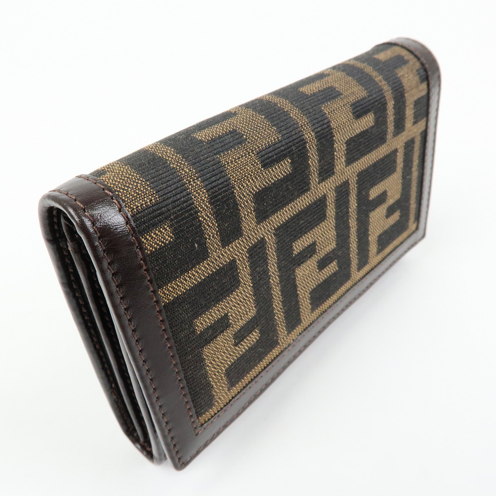 FENDI Zucca Canvas Leather Compact Wallet Brown Black 31052