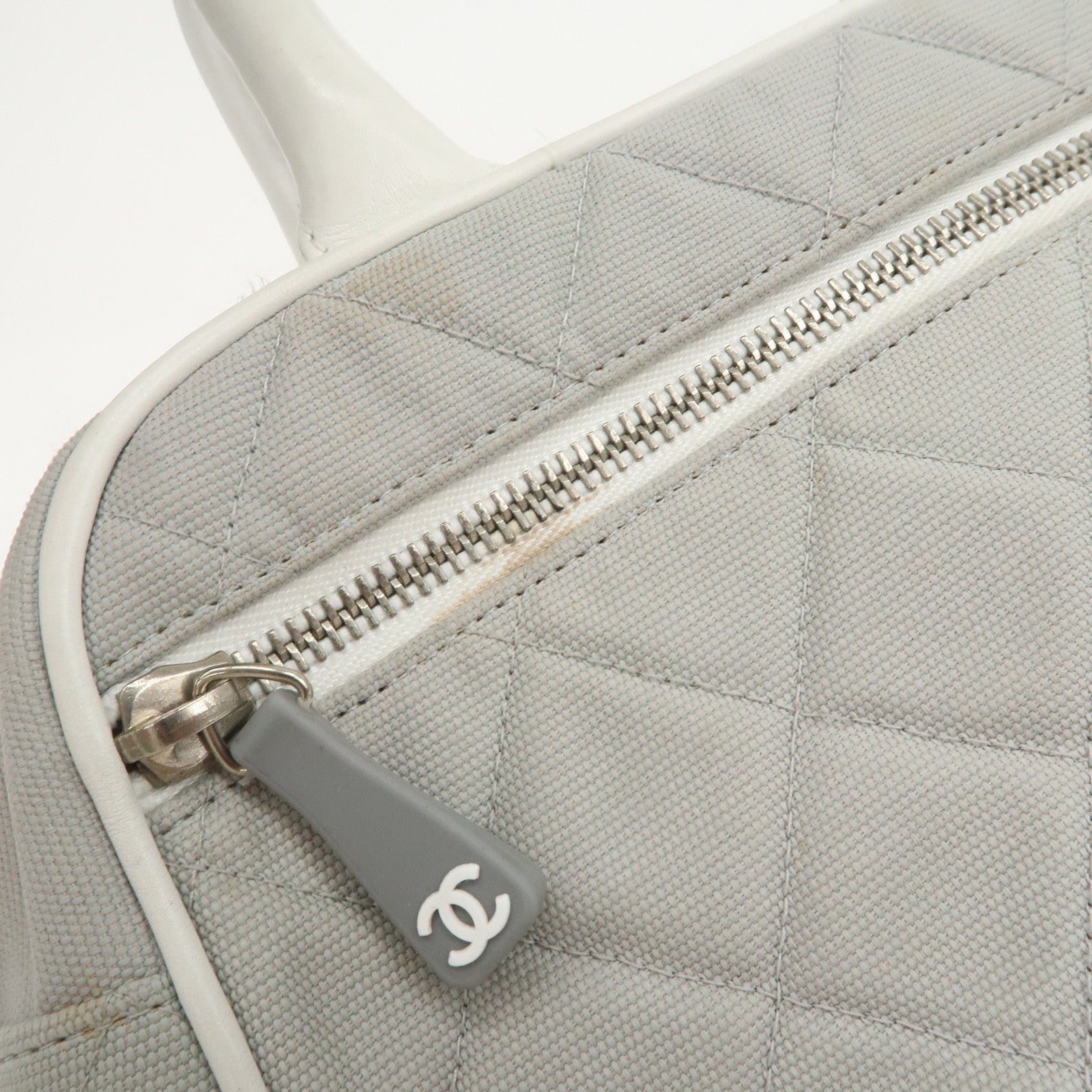 CHANEL Sport Line Canvas Leather Boston Bag Hand Bag Gray White