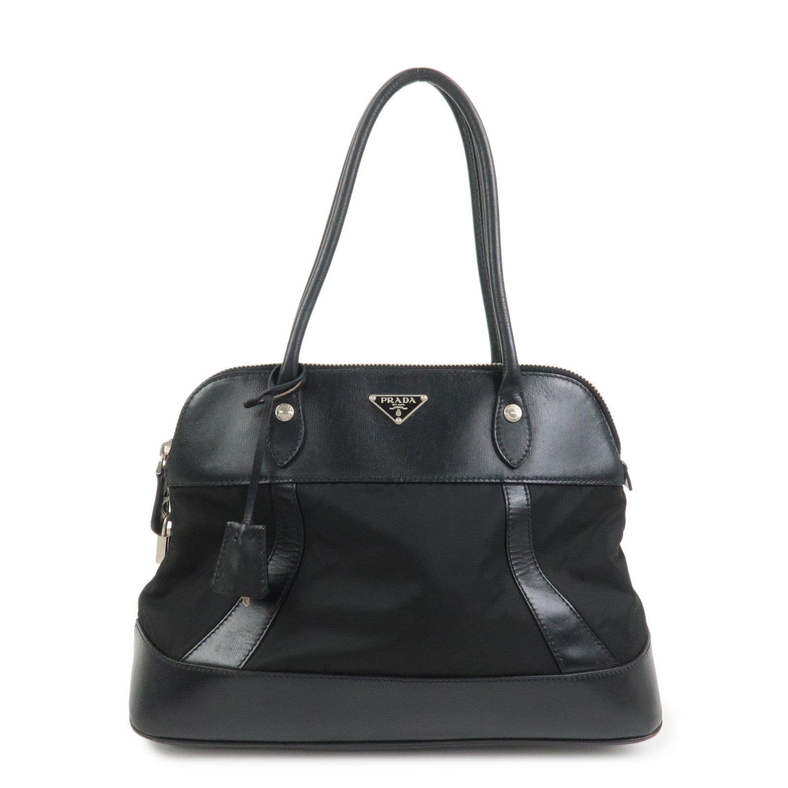PRADA Triangle Logo Nylon Leather Shoulder Bag Hand Bag Black