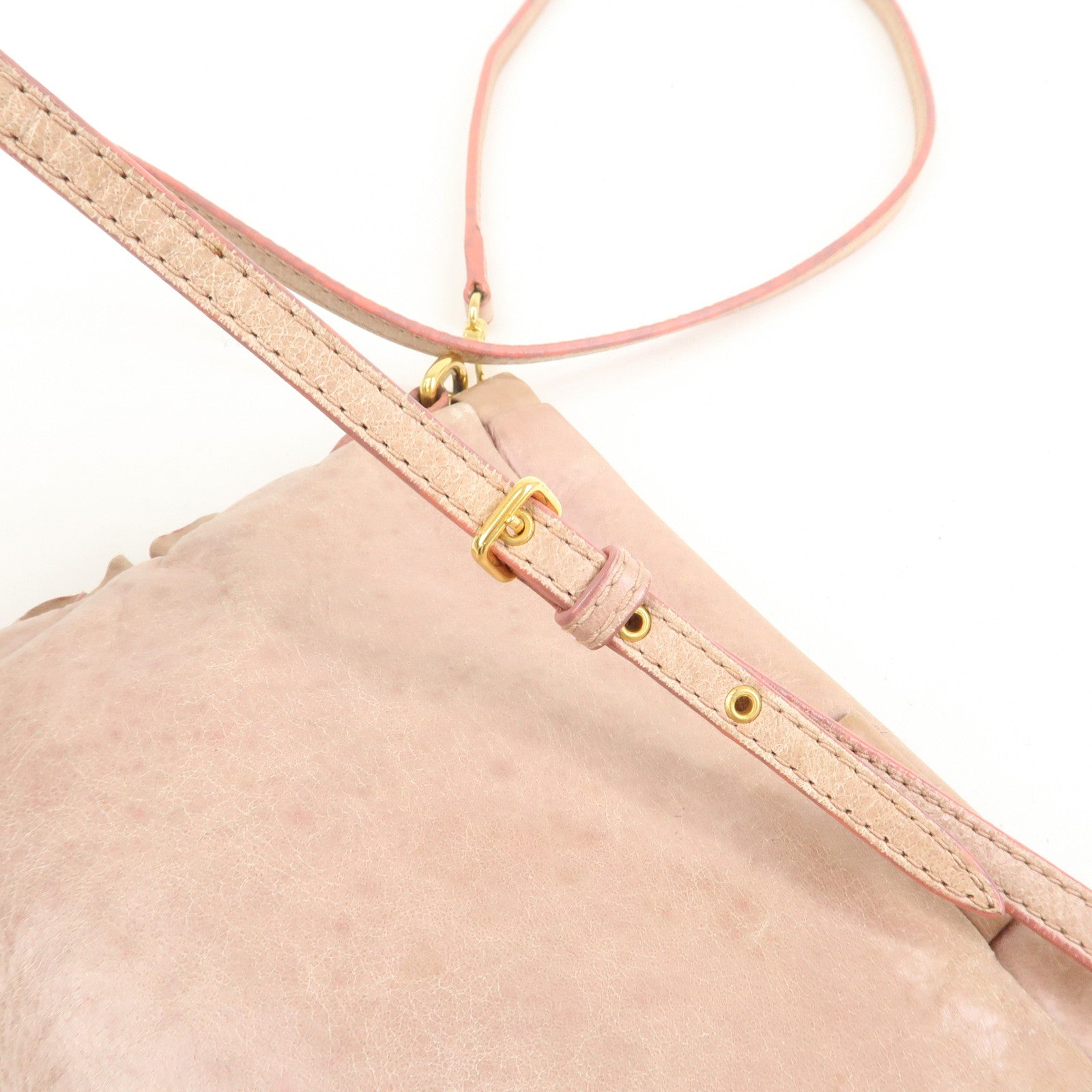 MIU MIU Logo Frilled Leather Shoulder Bag Crossbody Bag Pink Beige