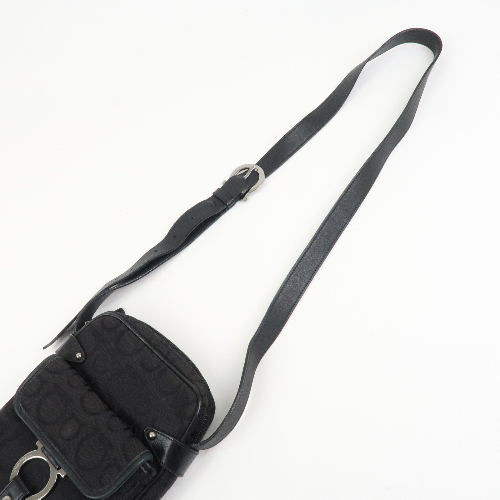 Ferragamo Gancini Logo Canvas Leather Crossbody Shoulder Bag Black