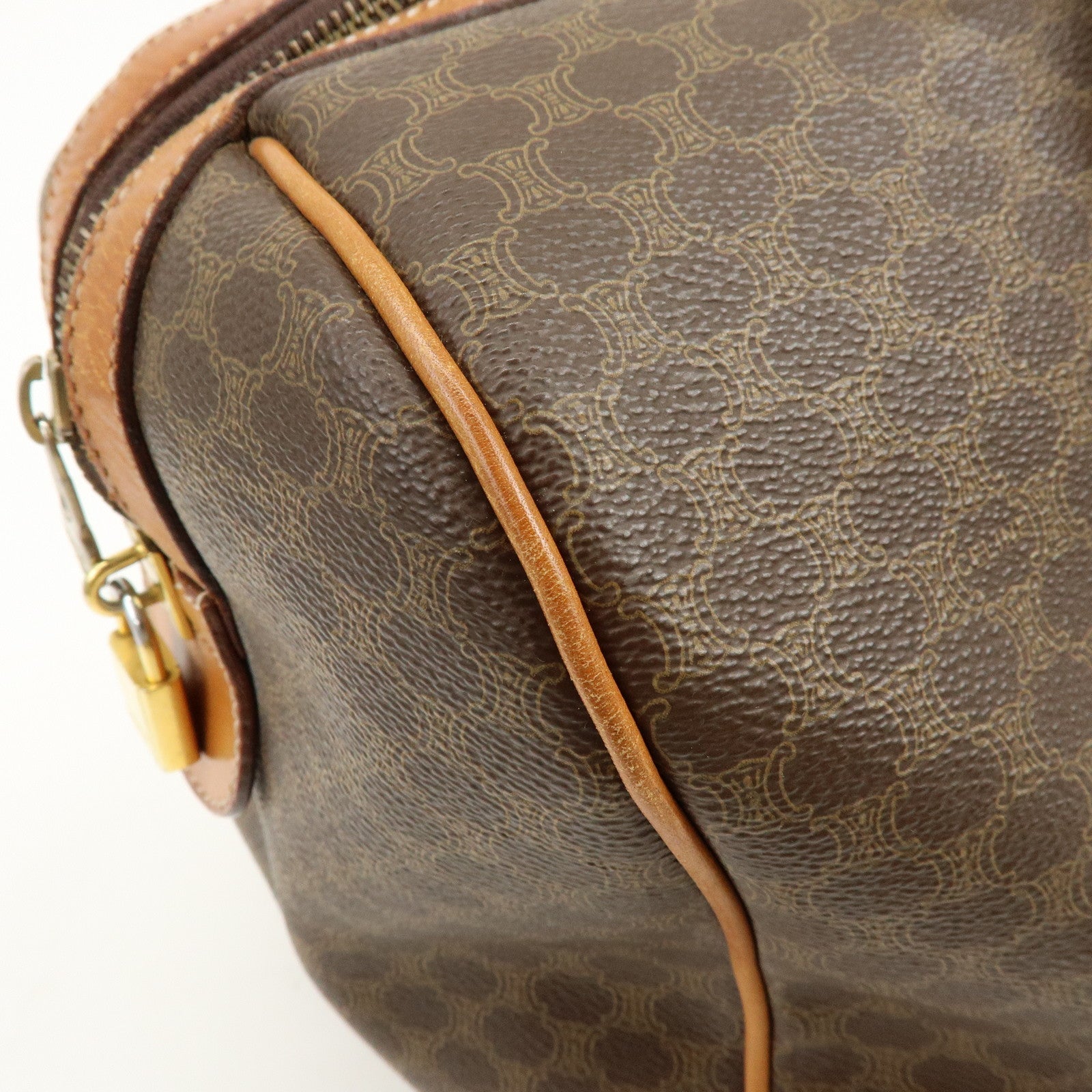 CELINE Macadam PVC Coated Canvas Leather Boston Bag Hand Bag Brown