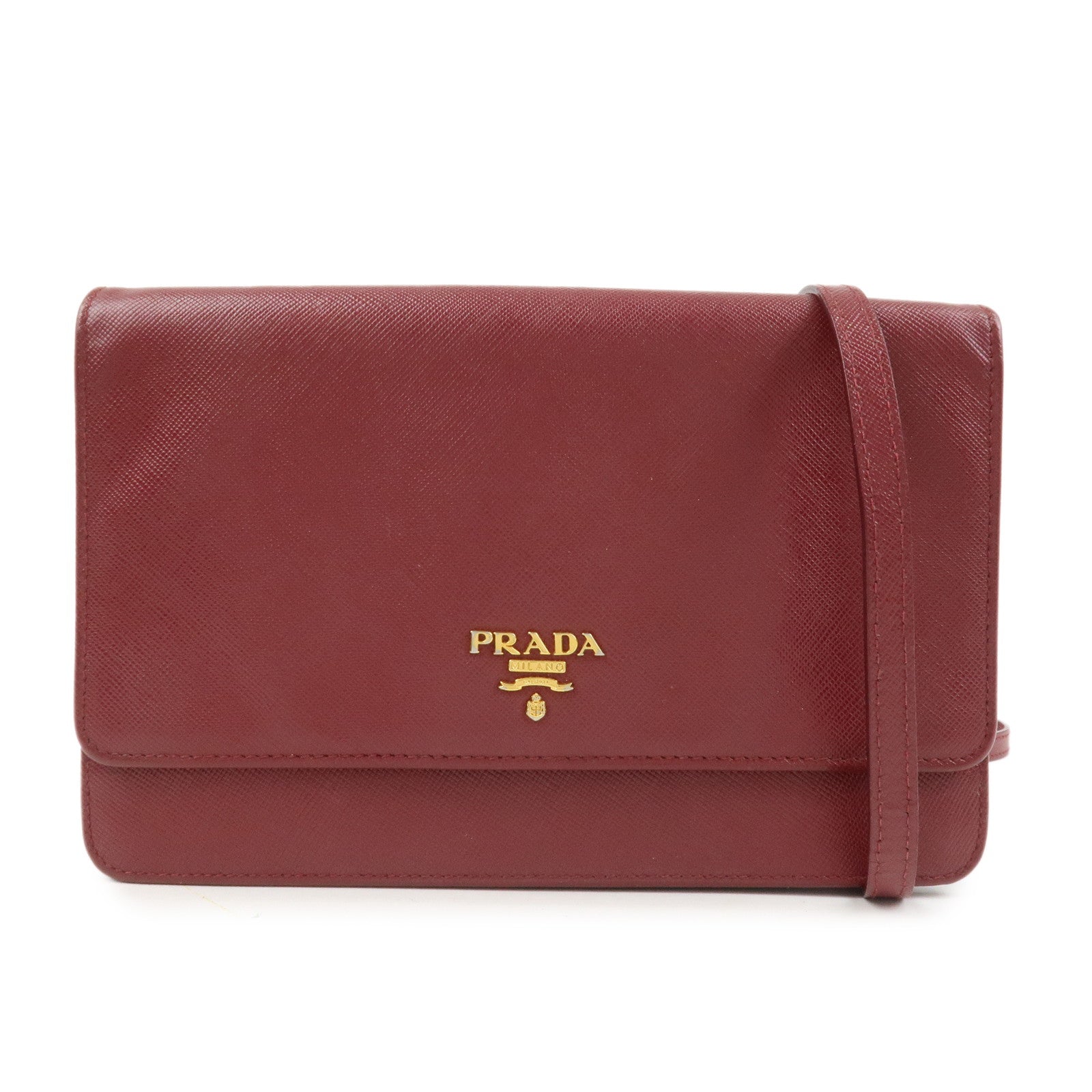 PRADA Saffiano Leather Shoulder Wallet Red Gold BT1019
