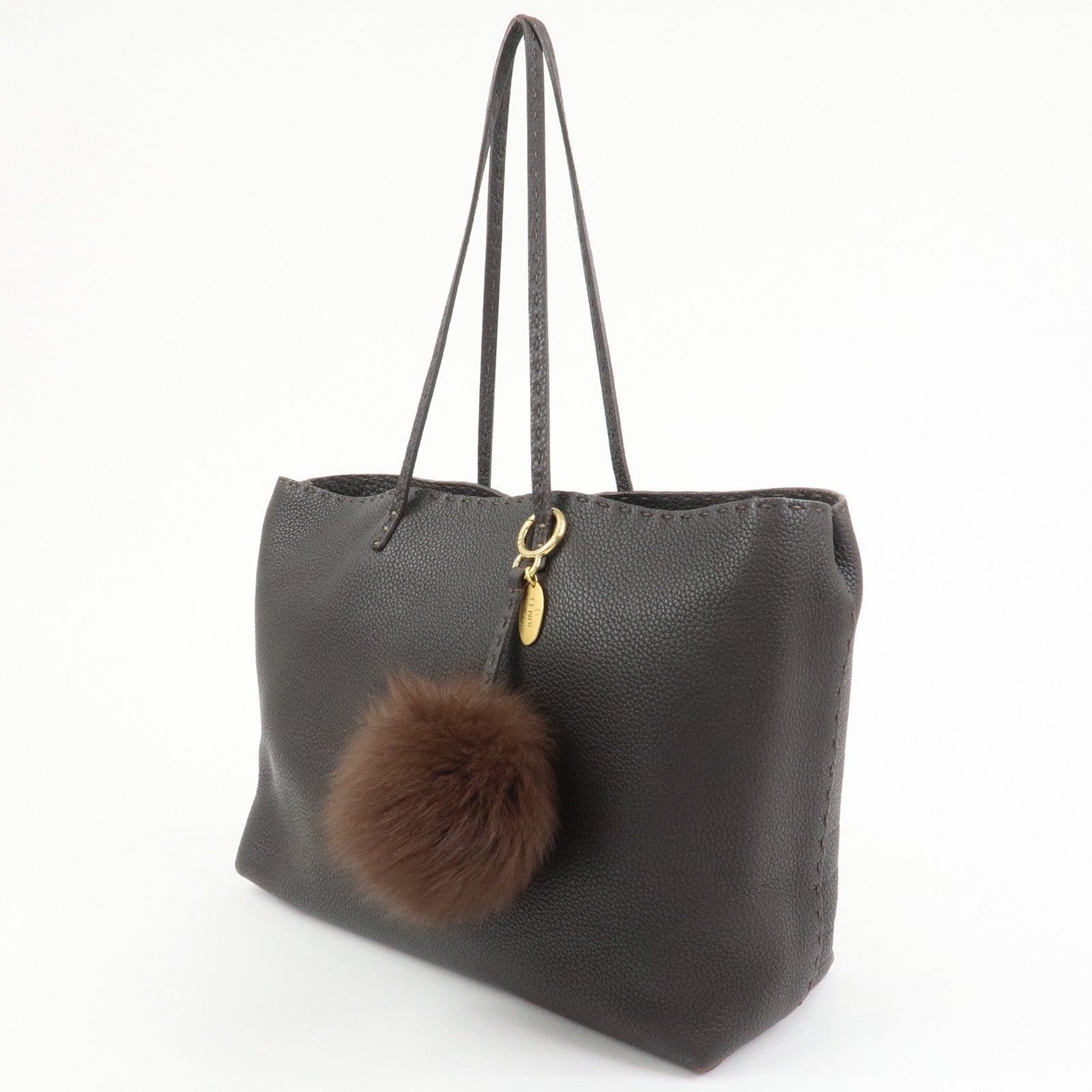 FENDI Selleria Leather Tote Bag Shoulder Bag Dark Brown 8BH126