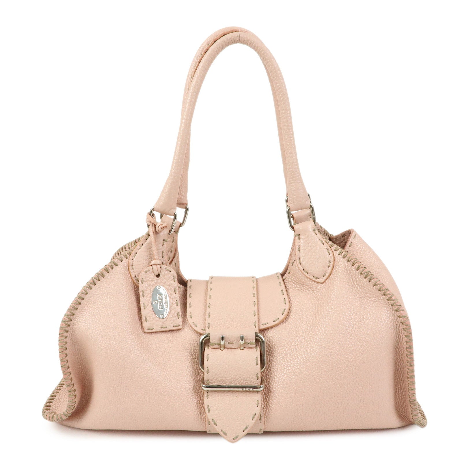 FENDI Selleria Stitches Leather Tote Bag Hand Bag Pink 8BR457