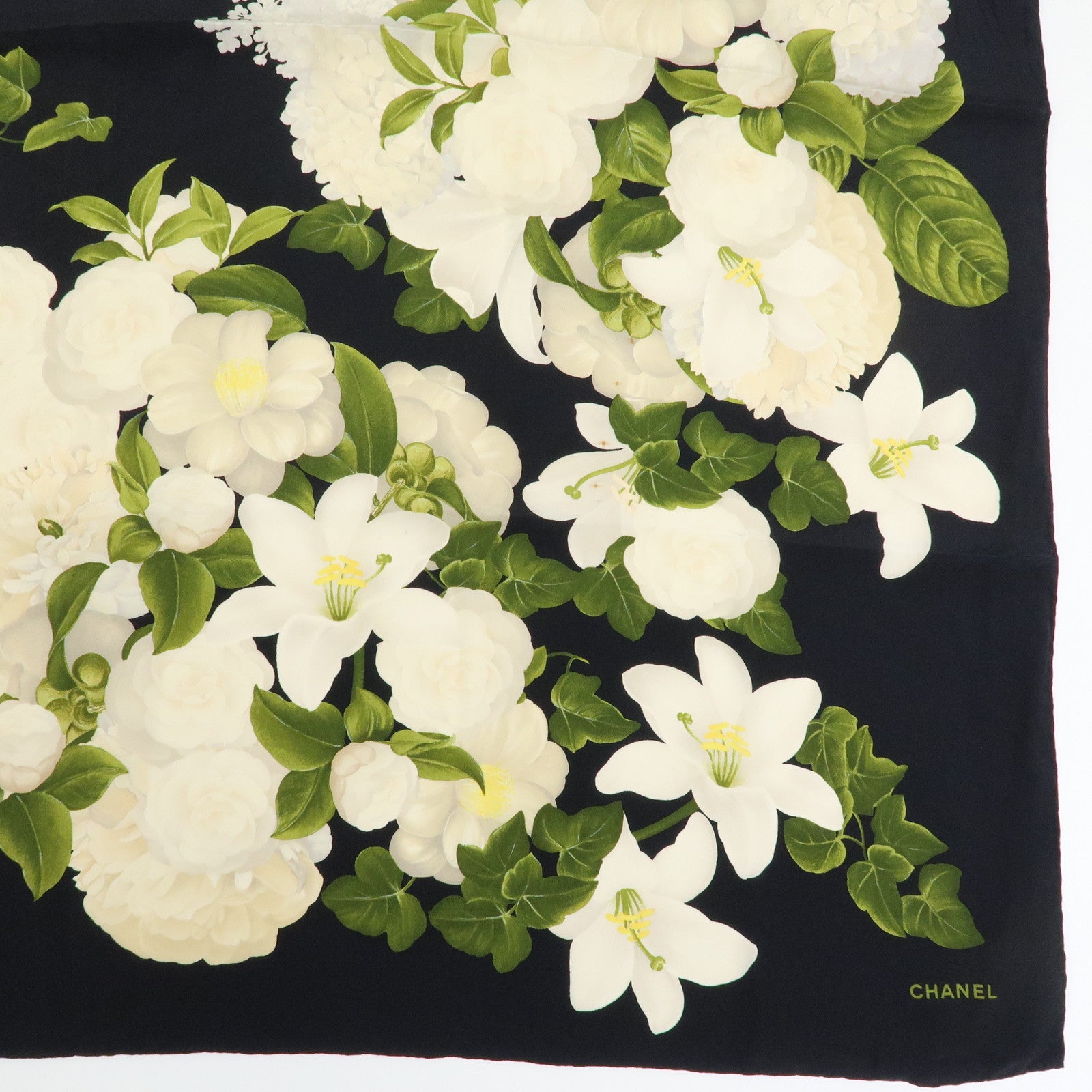 CHANEL Silk 100% Vintage Scarf Flower Print Black White