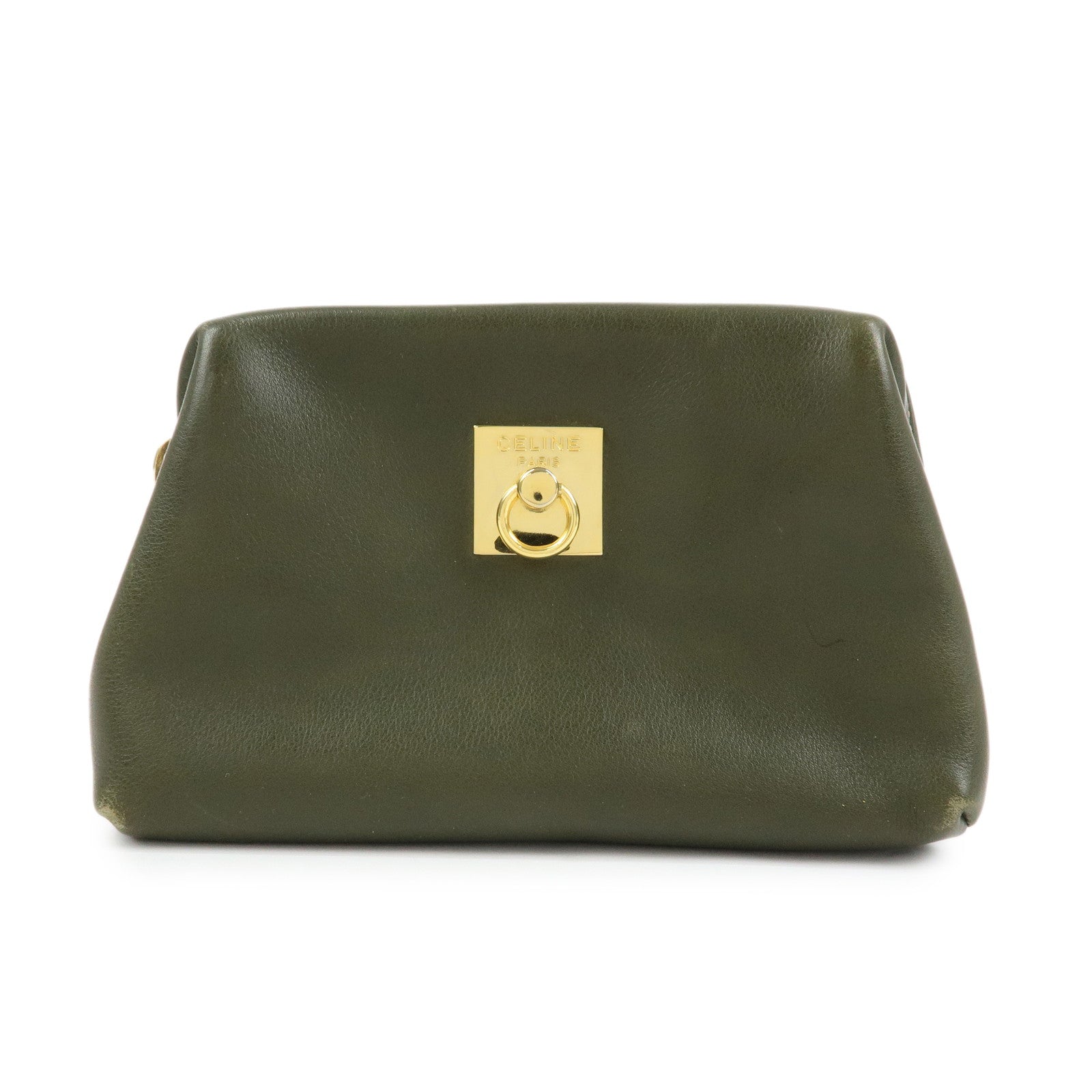 CELINE Logo Leather Accessory Pouch Cosmetic Case Khaki