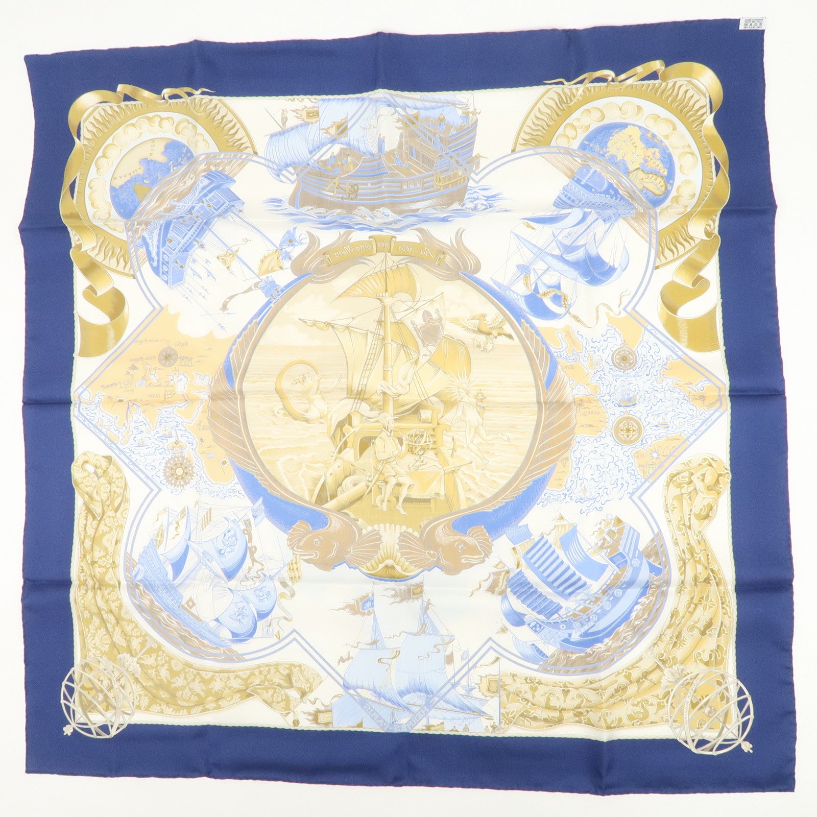 HERMES Carre 90 Silk 100% Scarf Au-dela des cinq mers Navy White