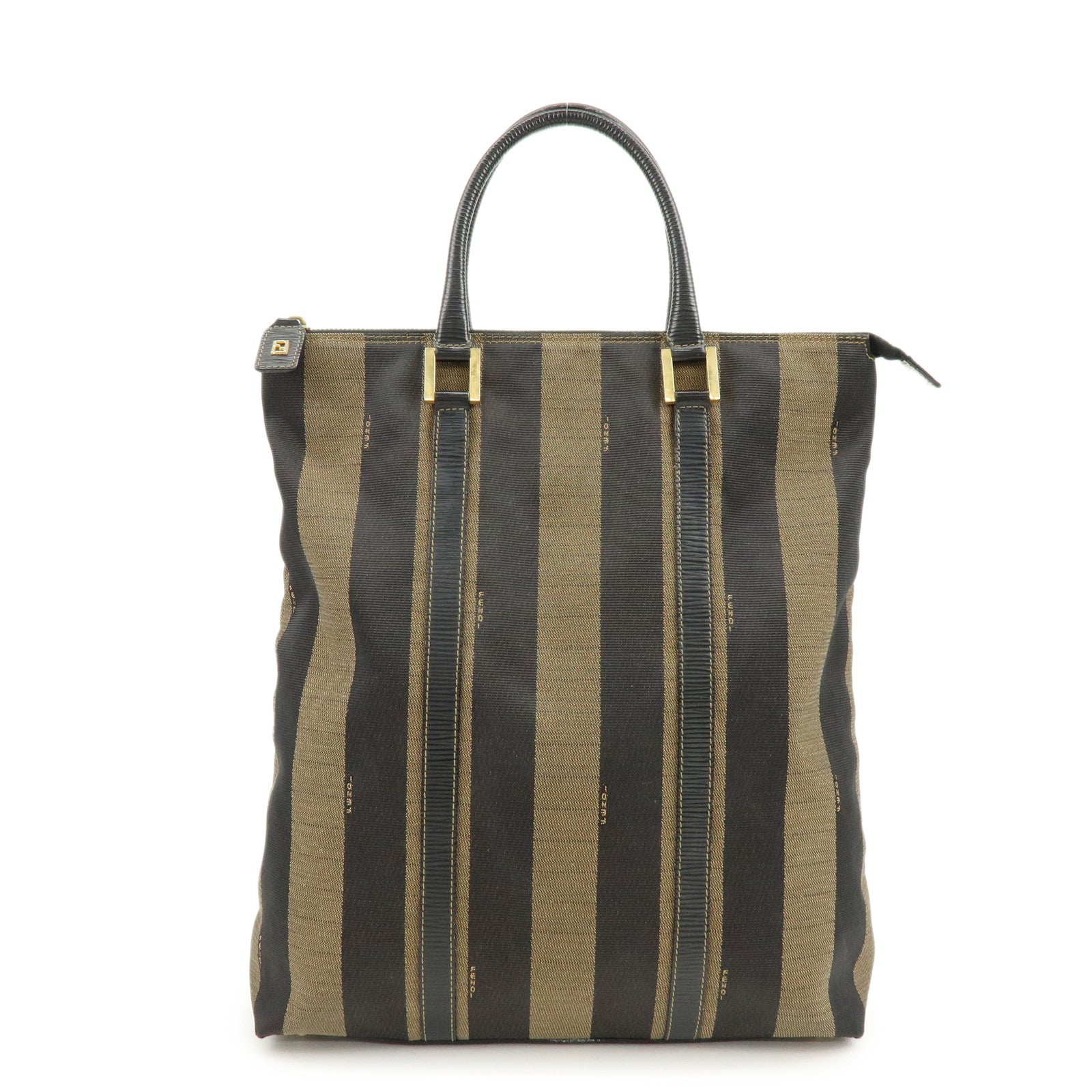 FENDI Pequin Canvas Leather Hand Bag Tote Bag Brown Black