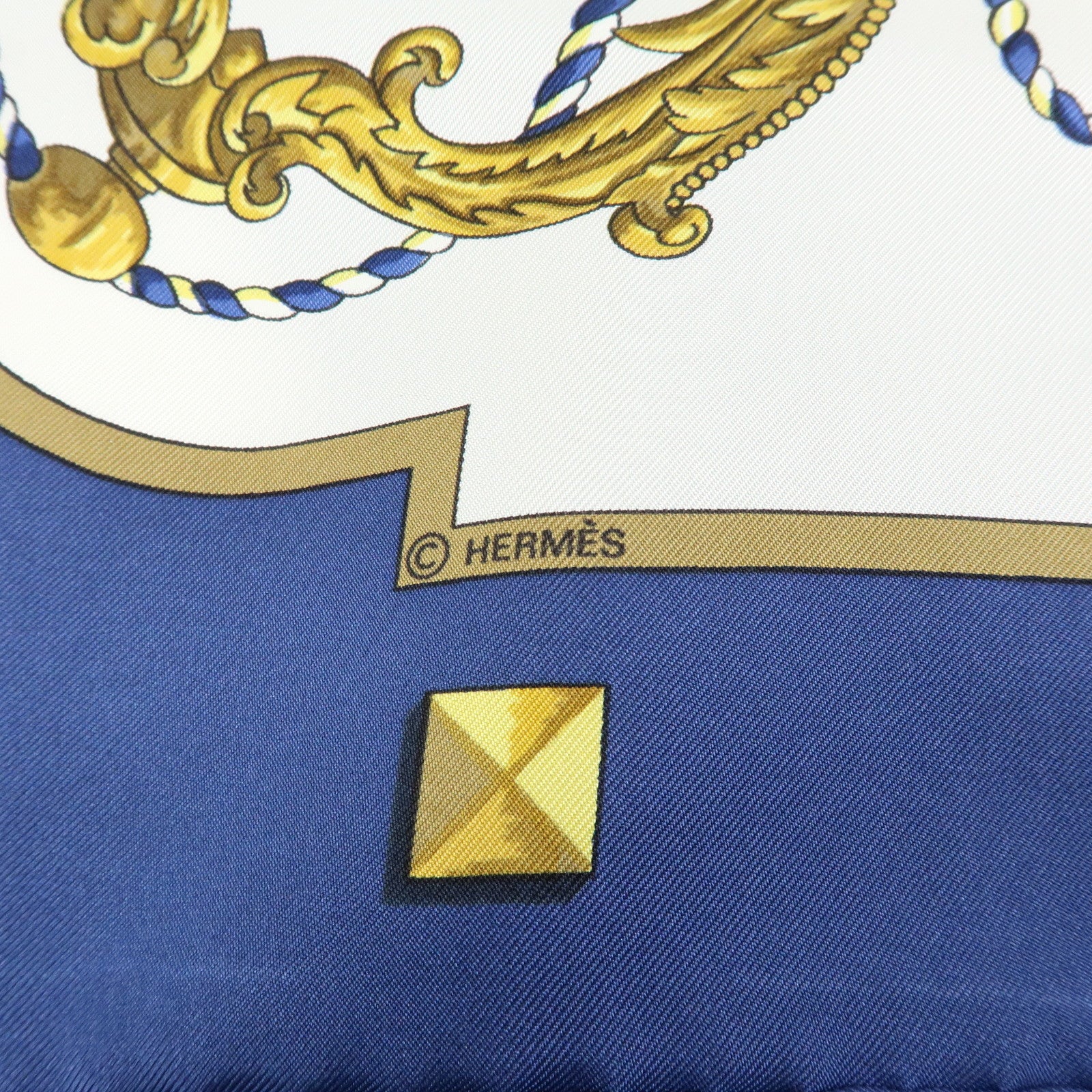 HERMES Carre 90 Silk 100% Scarf LES CLES THE KEYS RARE White Navy