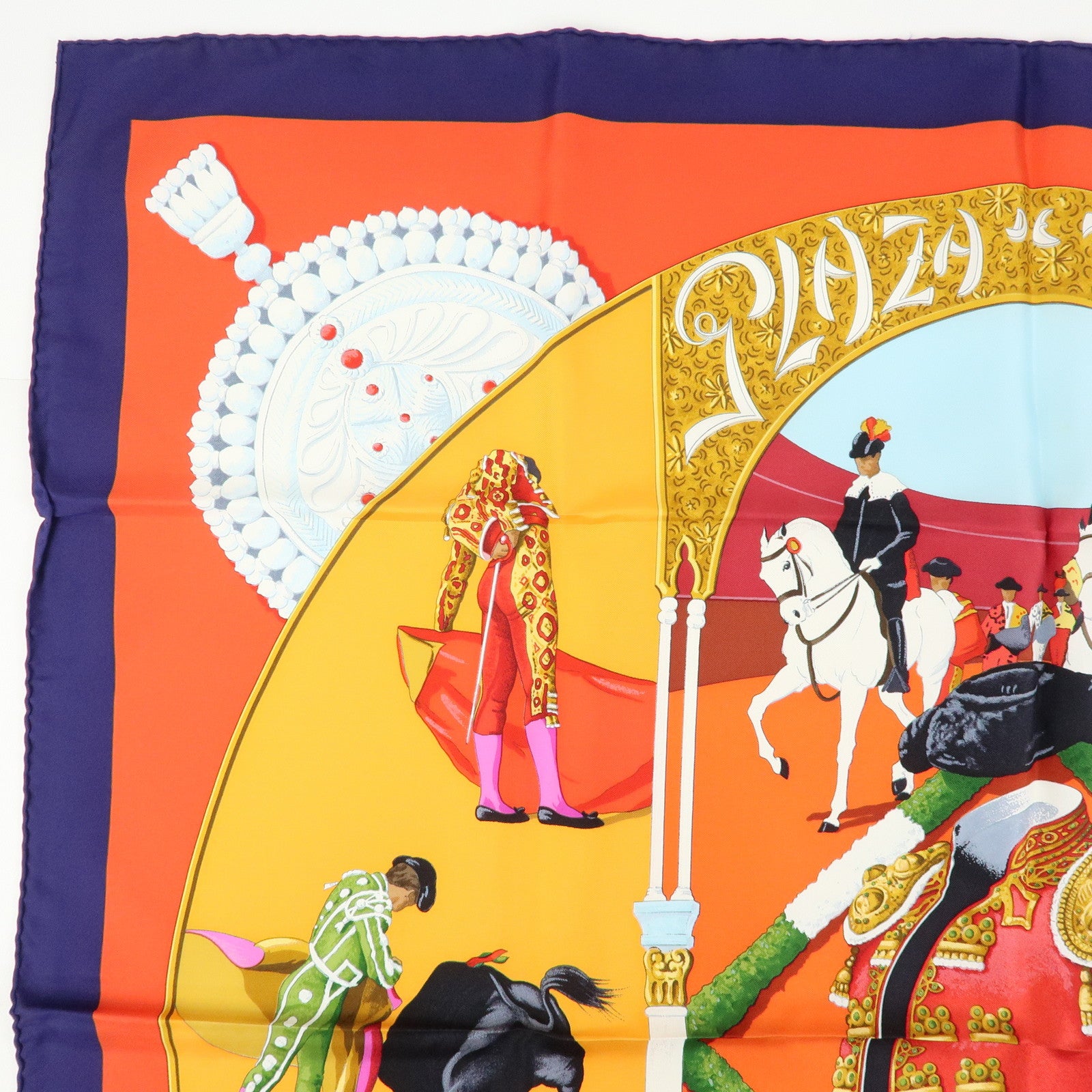 HERMES Carre 90 Silk 100% Scarf Plaza de Toros Bullring Red Navy