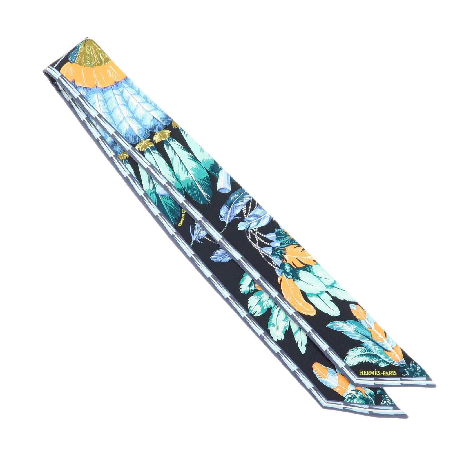 HERMES Silk 100% Twilly Scarf Brazil Black Blue