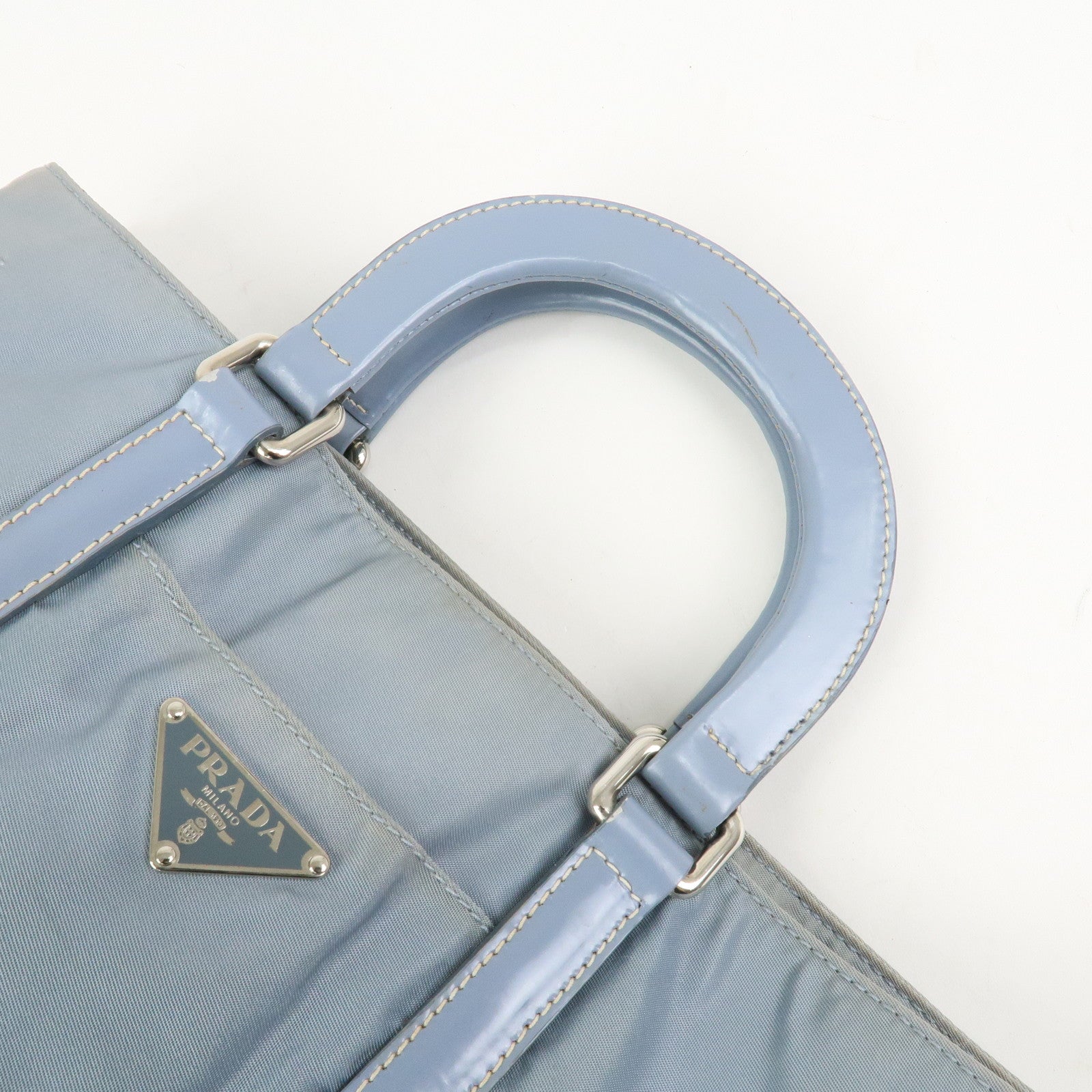 PRADA Triangle Logo Nylon Leather Hand Bag Light Blue