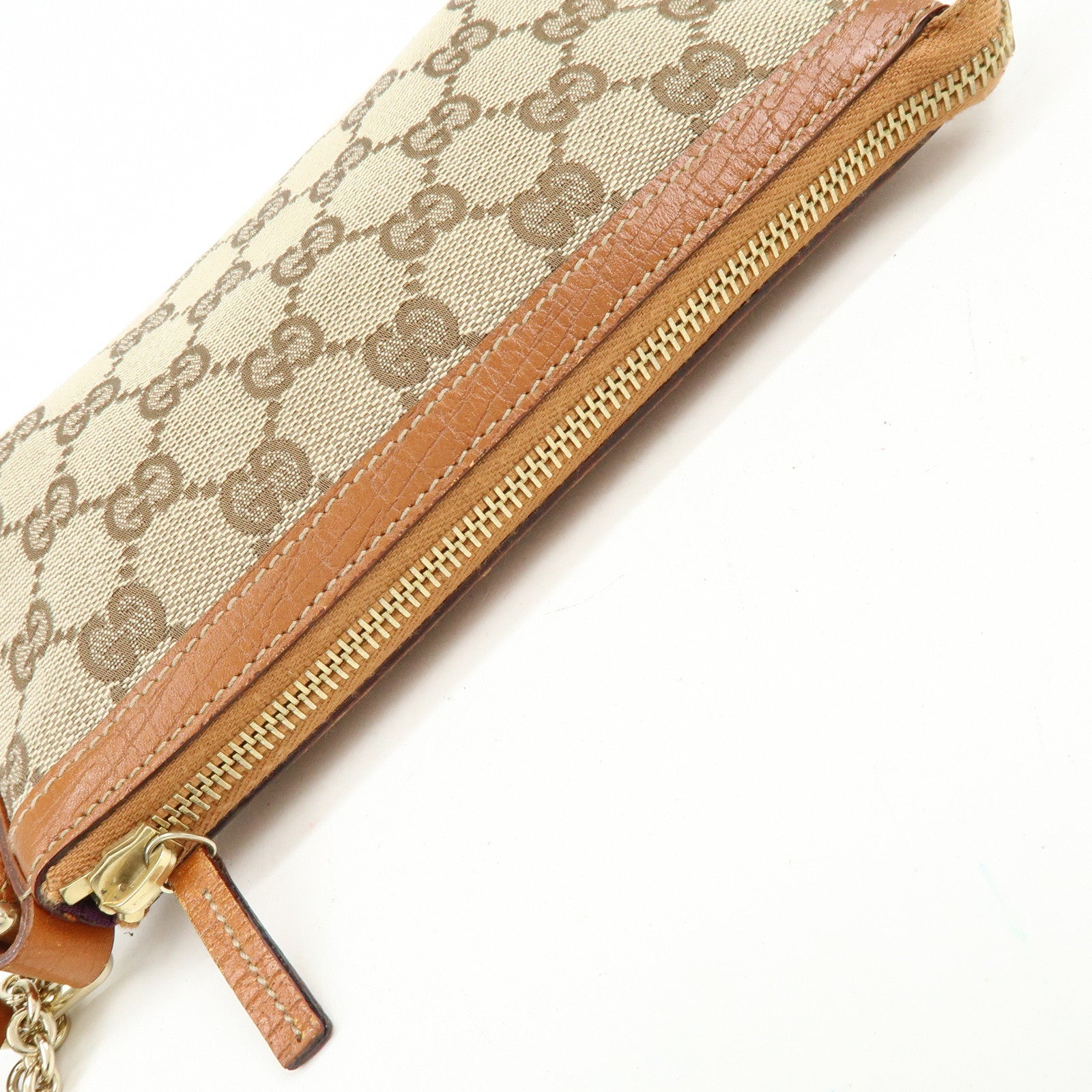 GUCCI Sherry GG Canvas Leather Cosmetic Pouch Beige Camel 152507