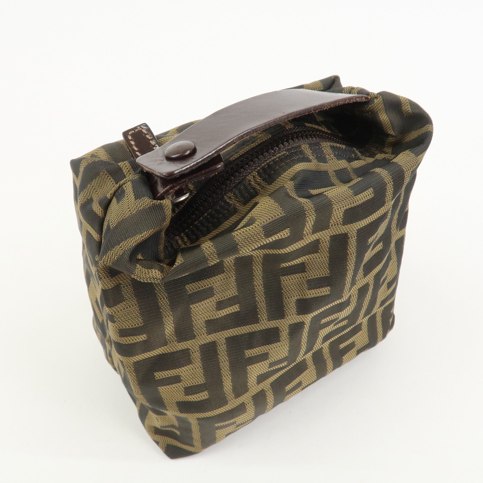 FENDI Zucca Canvas Leather Hand Bag Pouch Bag Brown Black 226540
