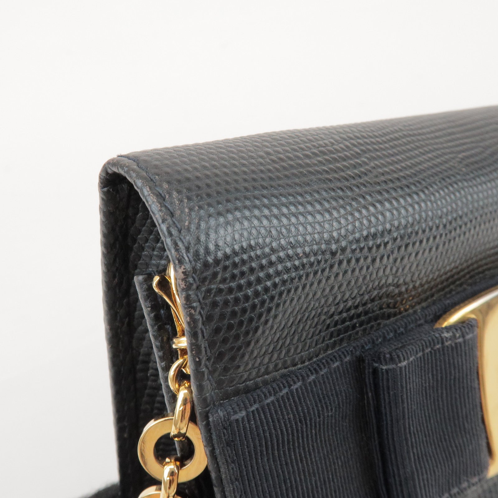 Ferragamo Vara Ribbon Embossed Leather Chain Shoulder Bag Navy