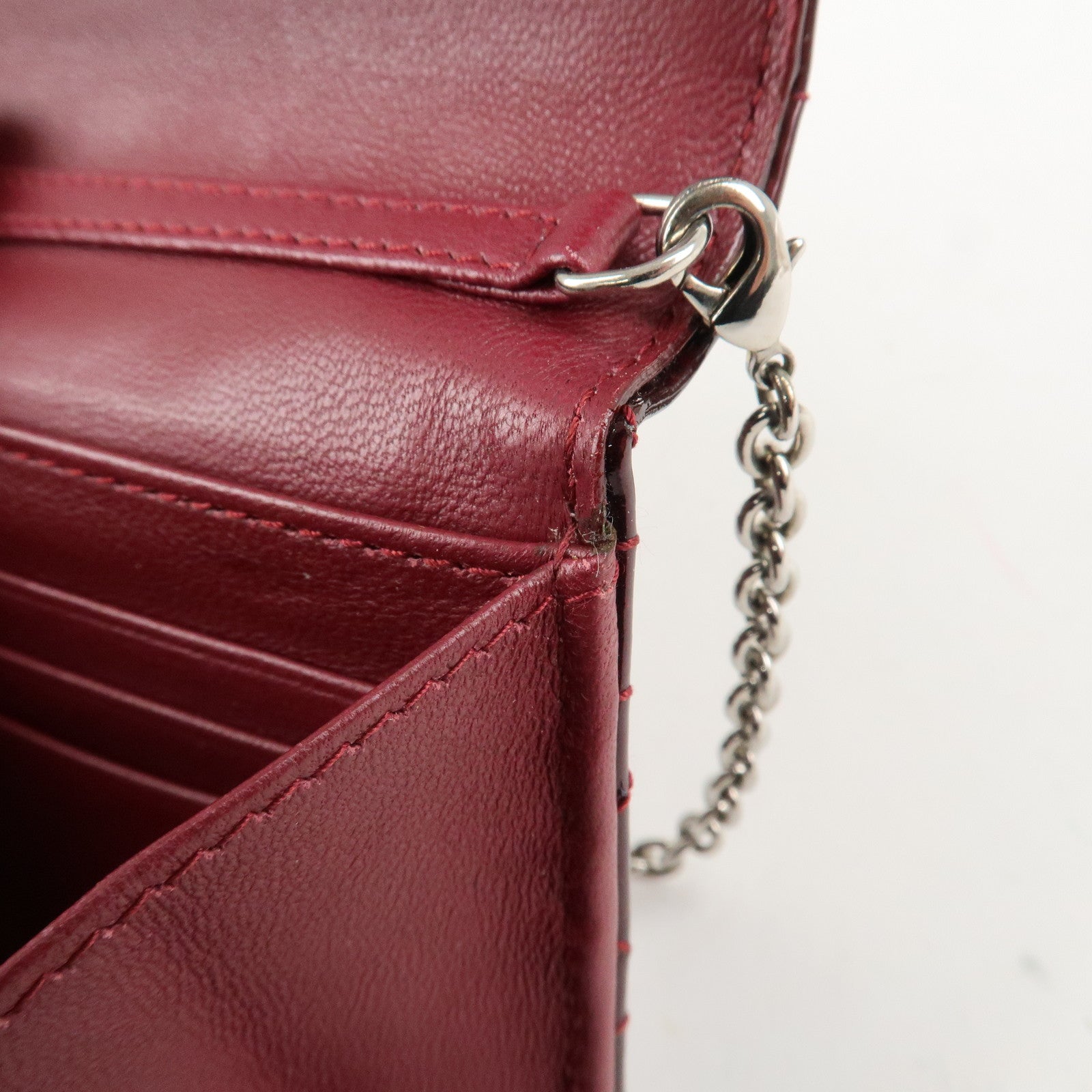 Christian Dior Lady Dior Cannage Patent Leather Chain Wallet Bordeaux Used