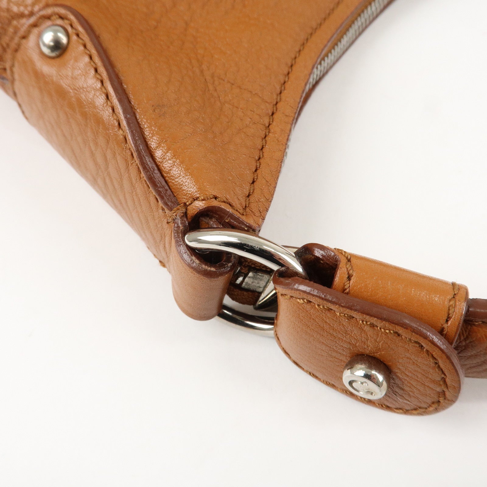 Ferragamo Gancini Leather Shoulder Bag Brown Silver Hardware Used