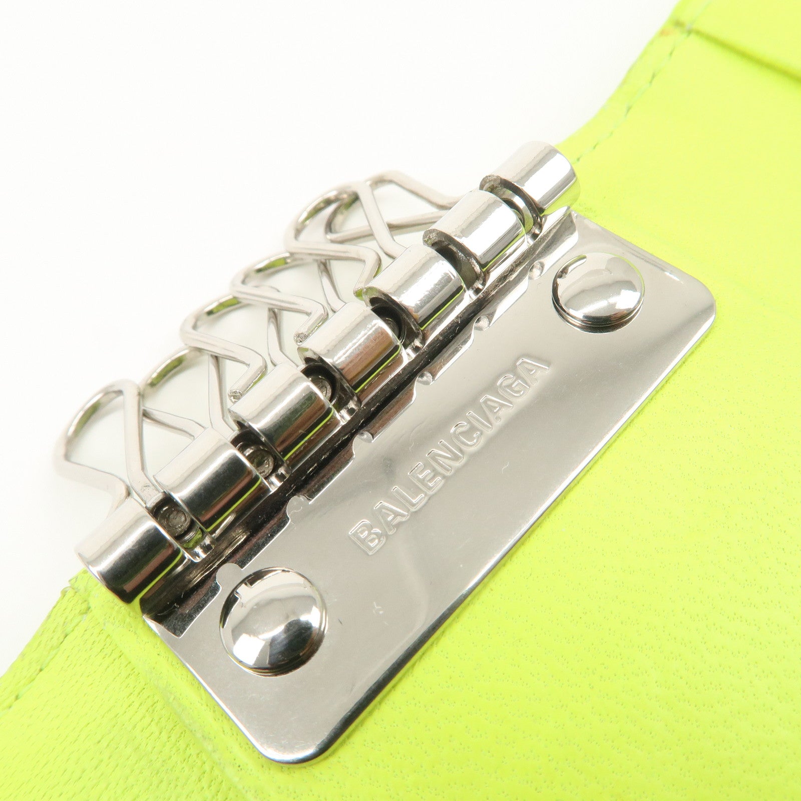 BALENCIAGA Logo Leather Key Case Key Holder Neon Yellow