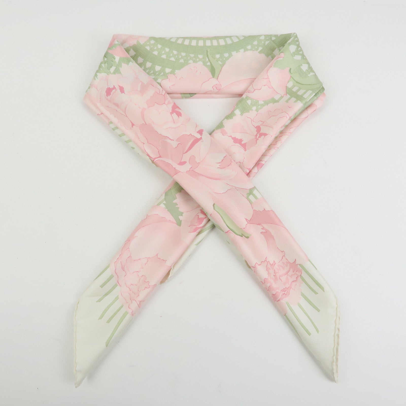 HERMES Carre 90 Silk 100% Scarf Les Pivoines Pink Light Green