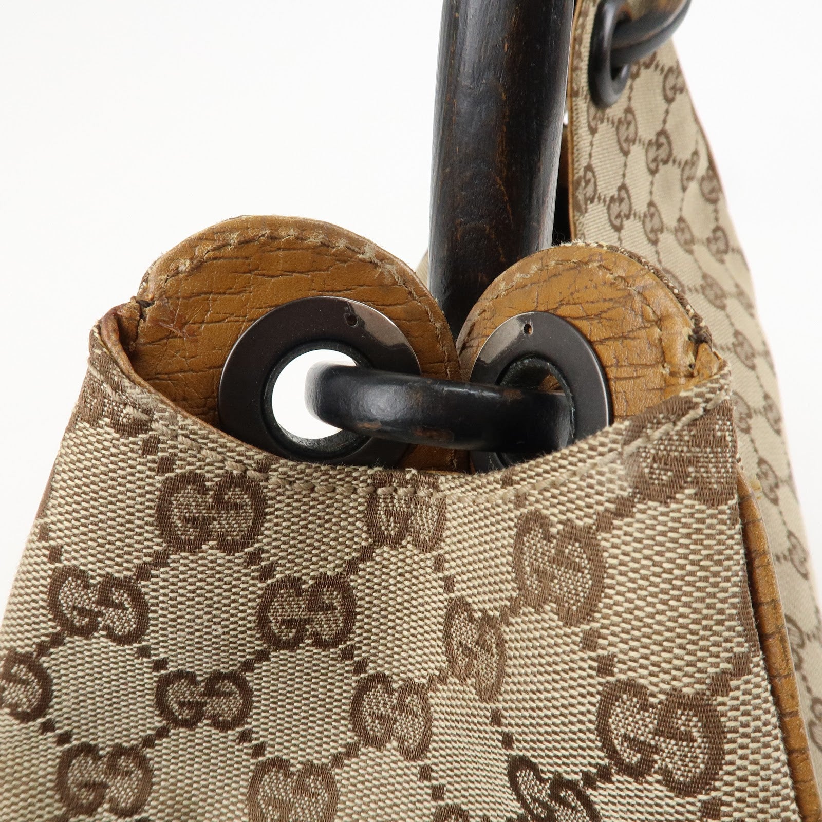 GUCCI GG Canvas Wood Handle Shoulder Bag Hand Bag Beige 106494 Used