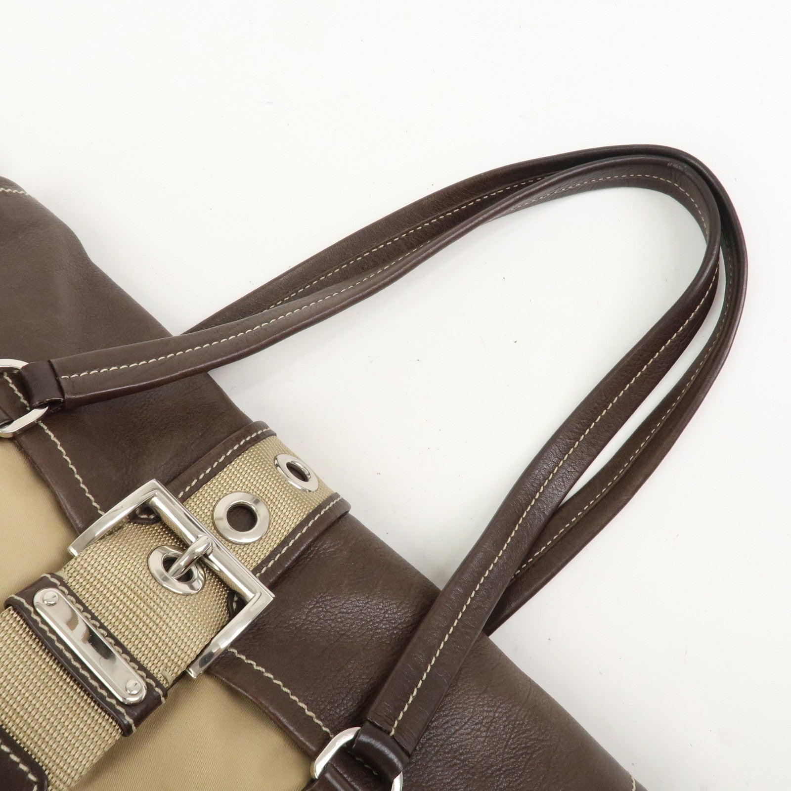 PRADA Triangle Logo Leather Nylon Shoulder Bag Brown BR2418