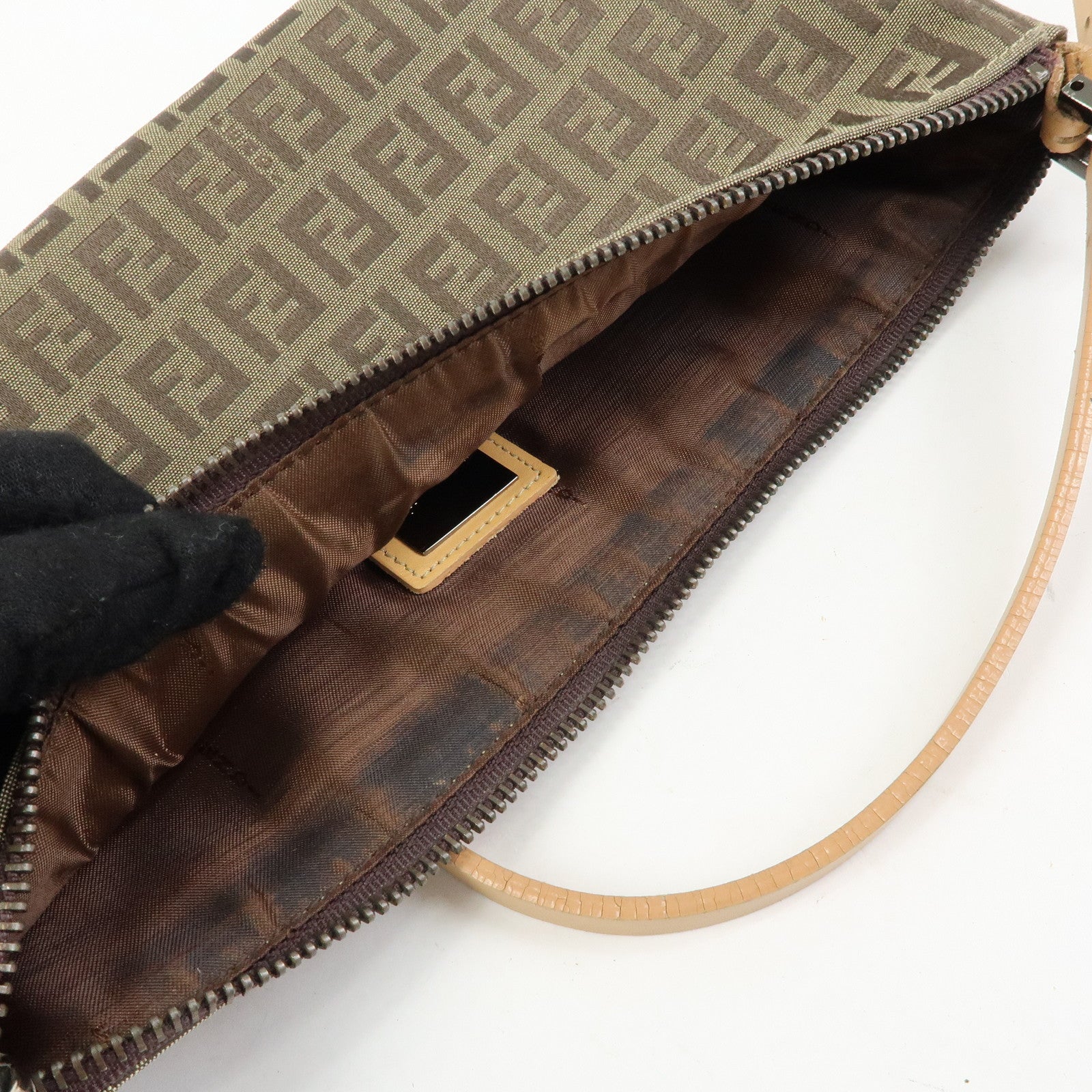 FENDI Zucchino Canvas Leather Shoulder Bag Hand Bag Beige 8BR144