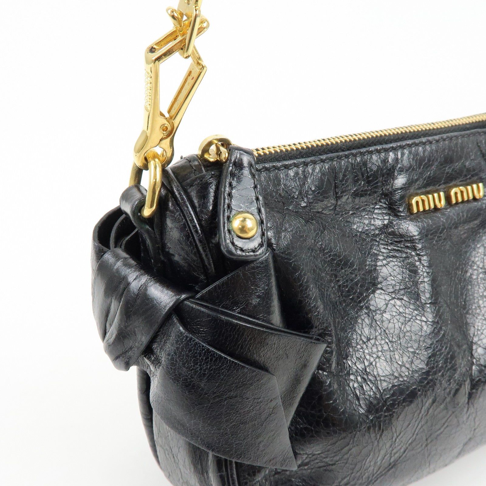 MIU MIU Leather Side Ribbon Mini Shoulder Bag Hand Bag Black 5N1557
