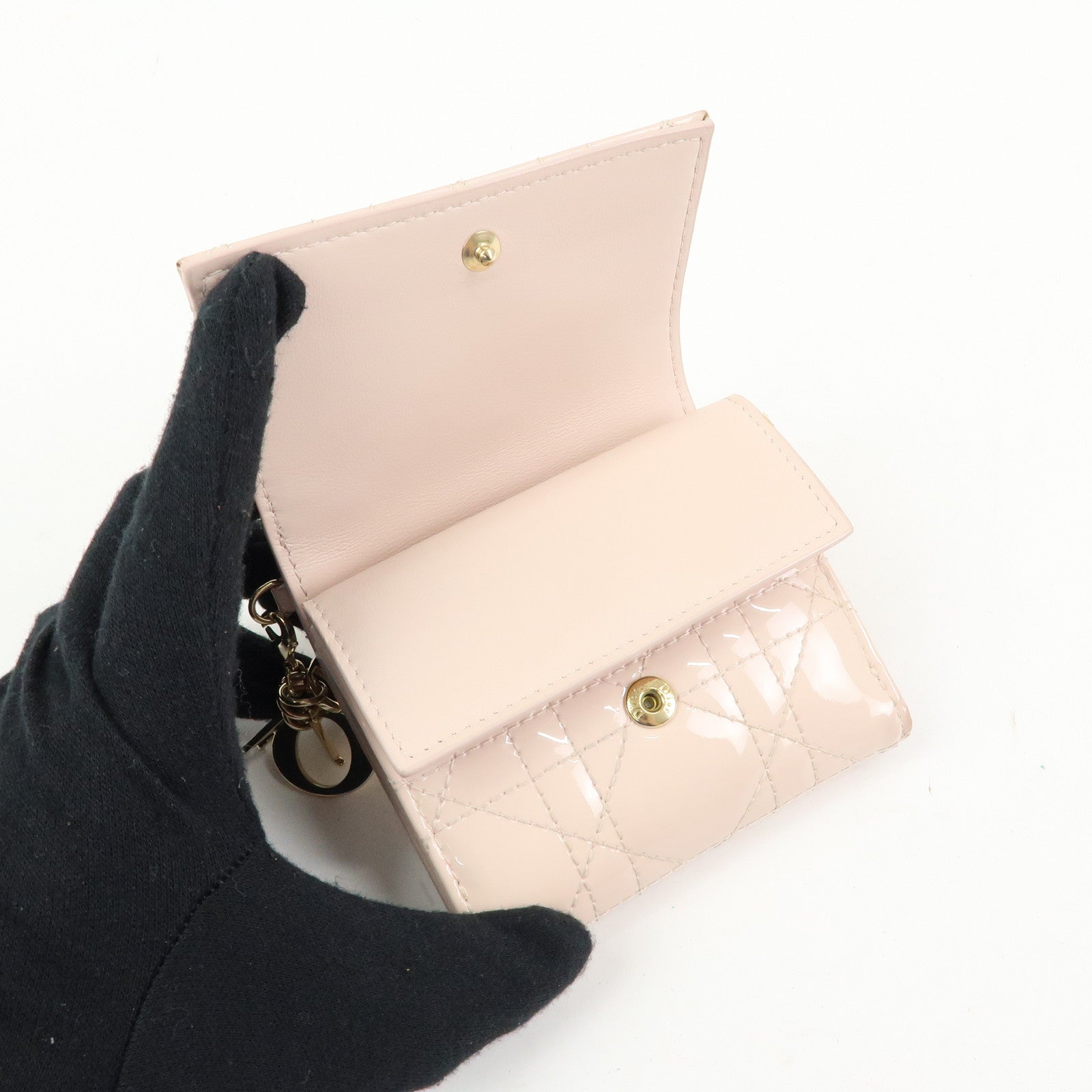 Christian Dior Lady Dior Cannage Patent Leather Lotus Wallet Pink