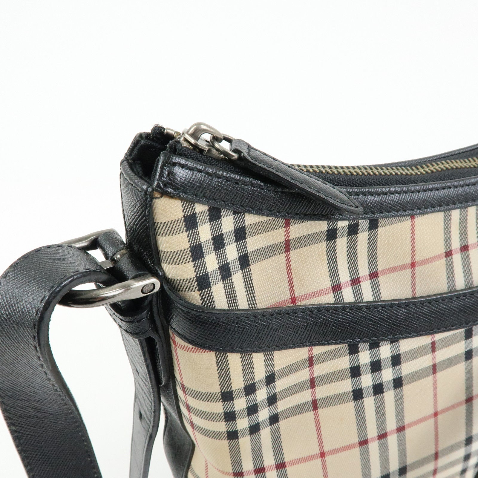 BURBERRY Nova Plaid Canvas Leather Shoulder Bag Beige Black