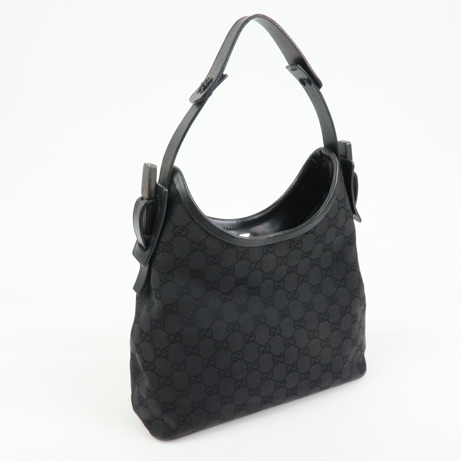 GUCCI GG Canvas Leather Shoulder Bag Hand Bag Black 107752