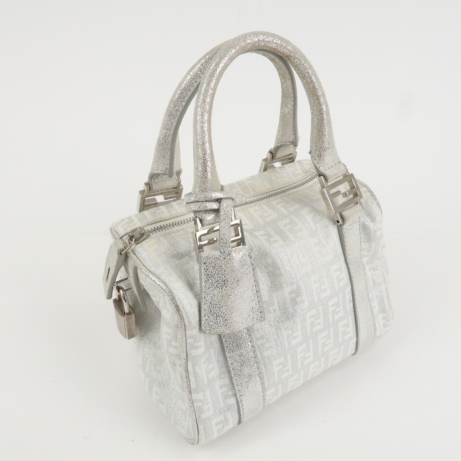 FENDI Zucchino Canvas Leather Mini Boston Bag Silver White 8BL071