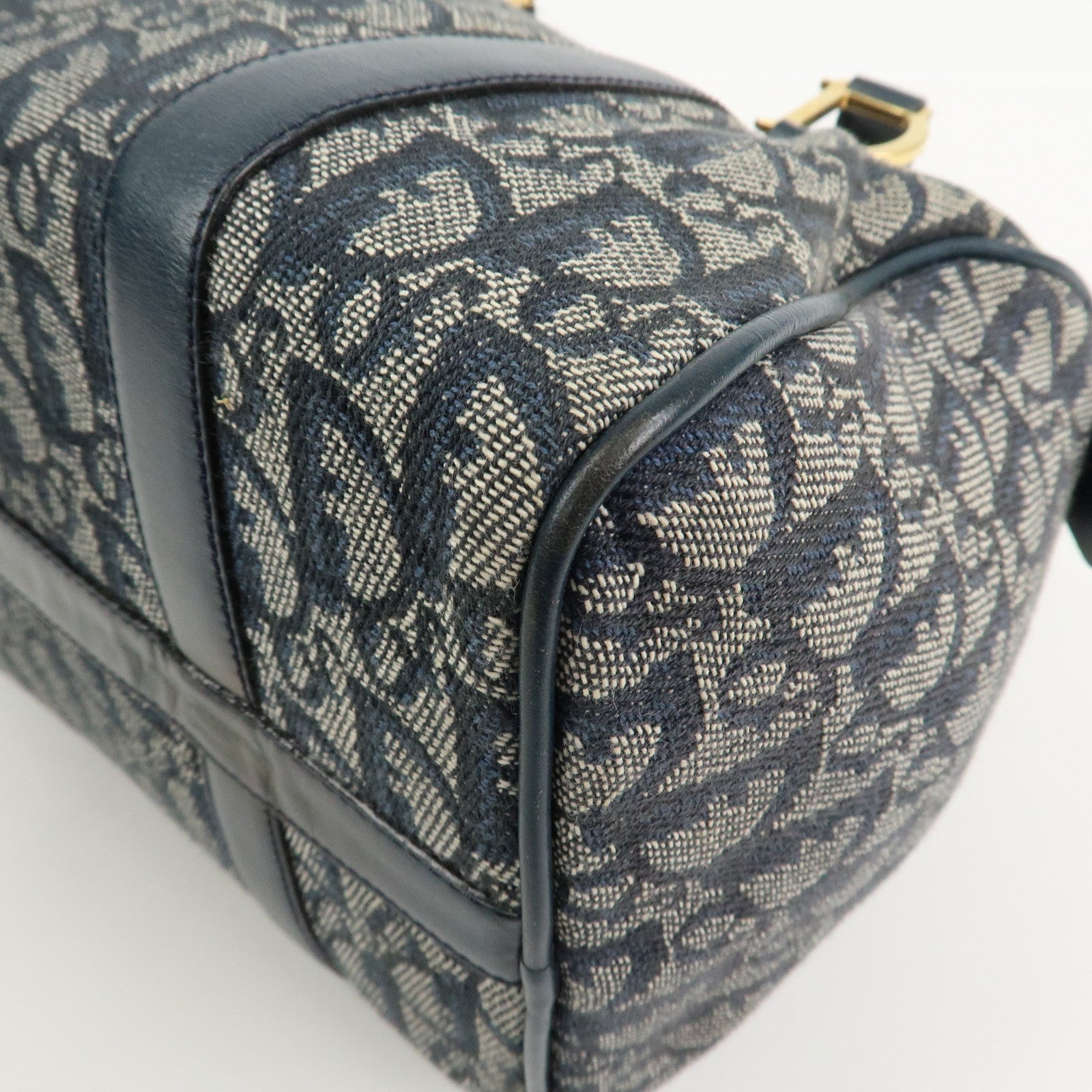 Christian Dior Oblique Canvas Leather Boston Bag Hand Bag Navy